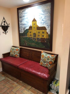 Antique Oak Hall Bench with Cushions and Storage