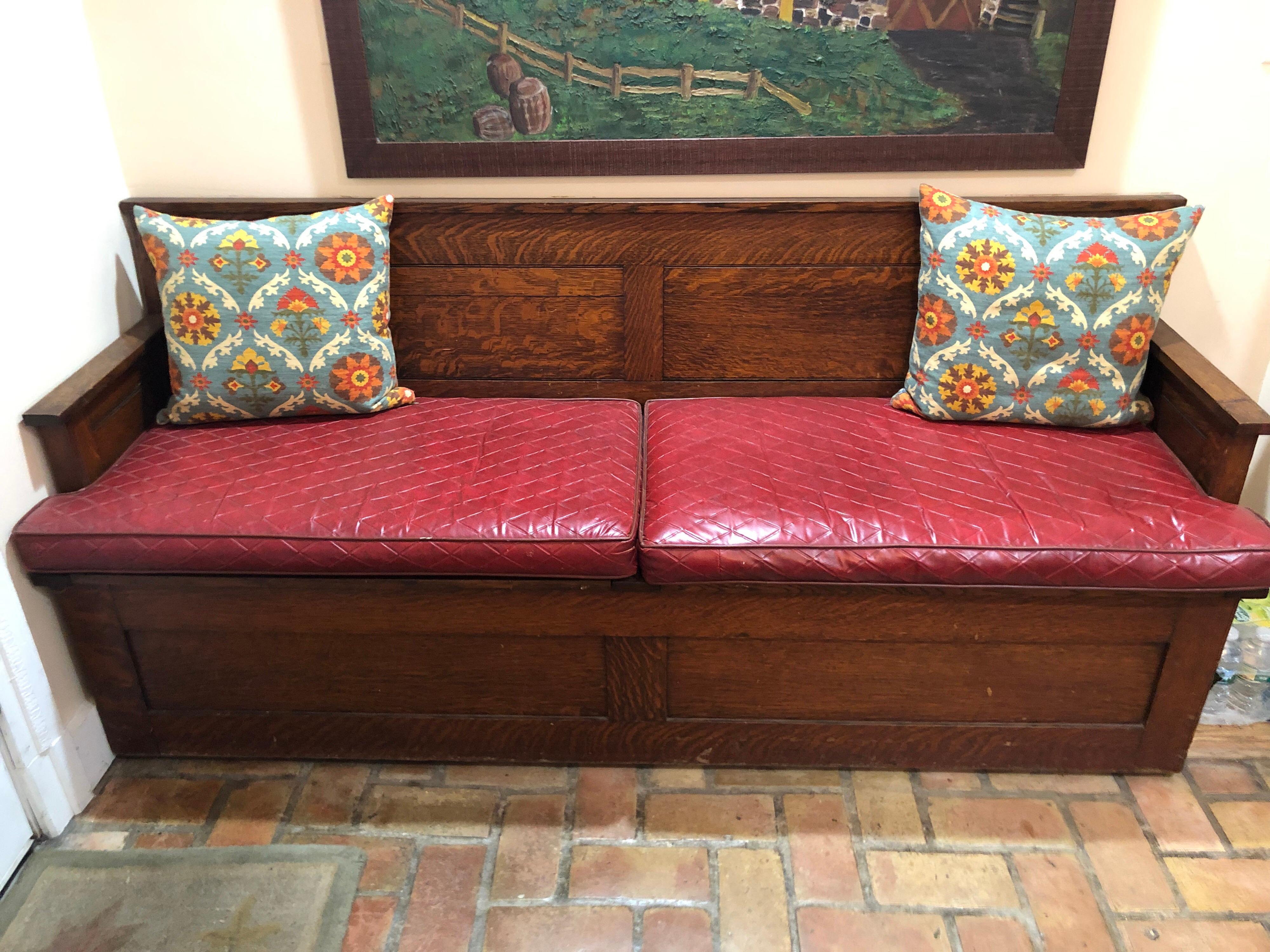 Arts and Crafts Antique Oak Hall Bench with Cushions and Storage