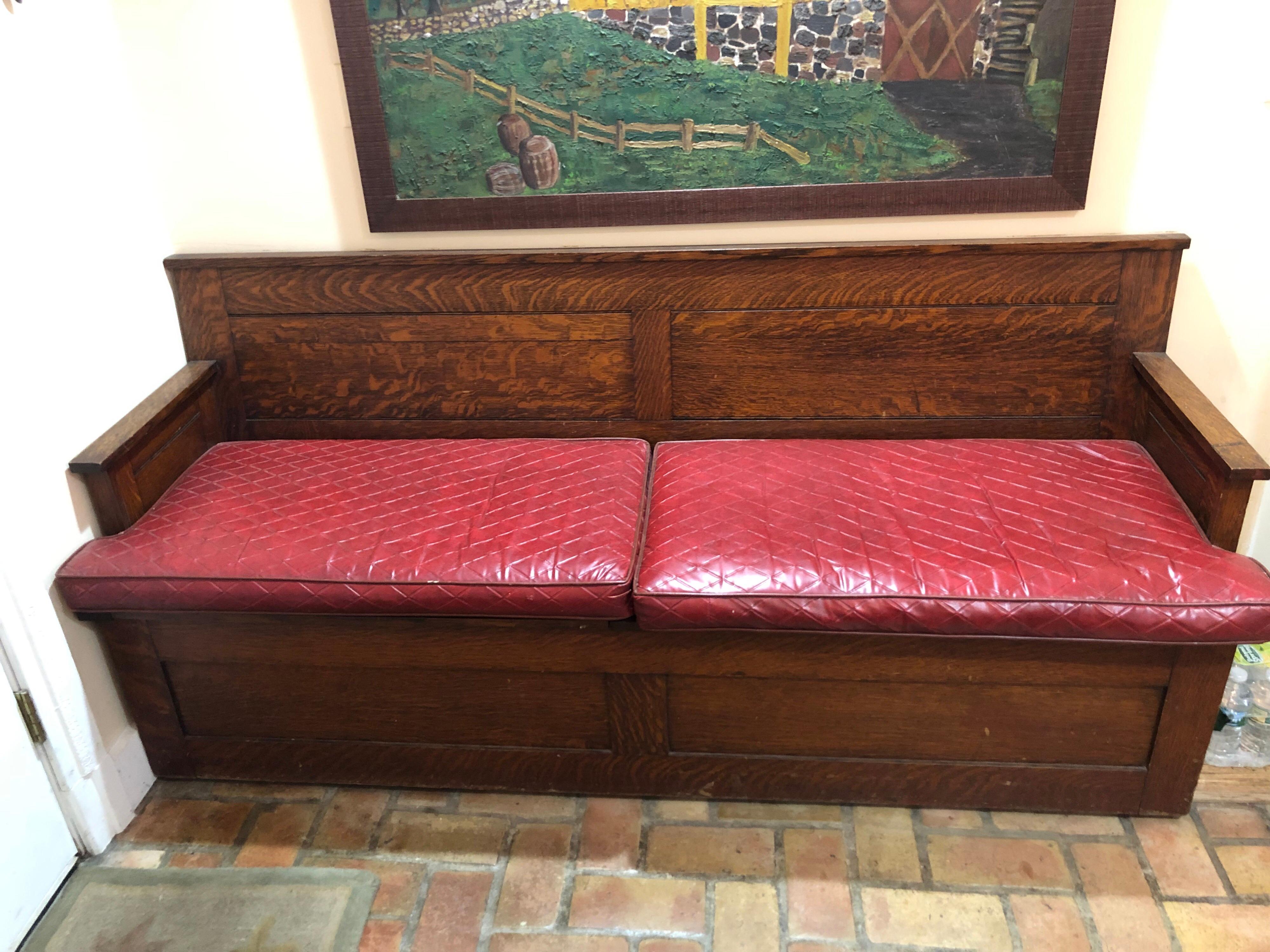 Antique Oak Hall Bench with Cushions and Storage In Good Condition In Redding, CT