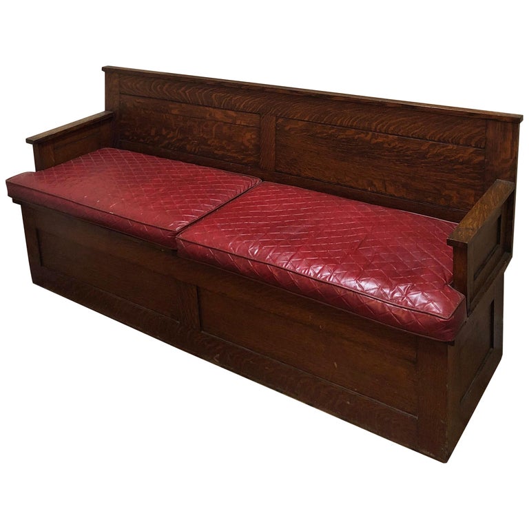 Antique Oak Hall Bench with Cushions and Storage For Sale at 1stdibs