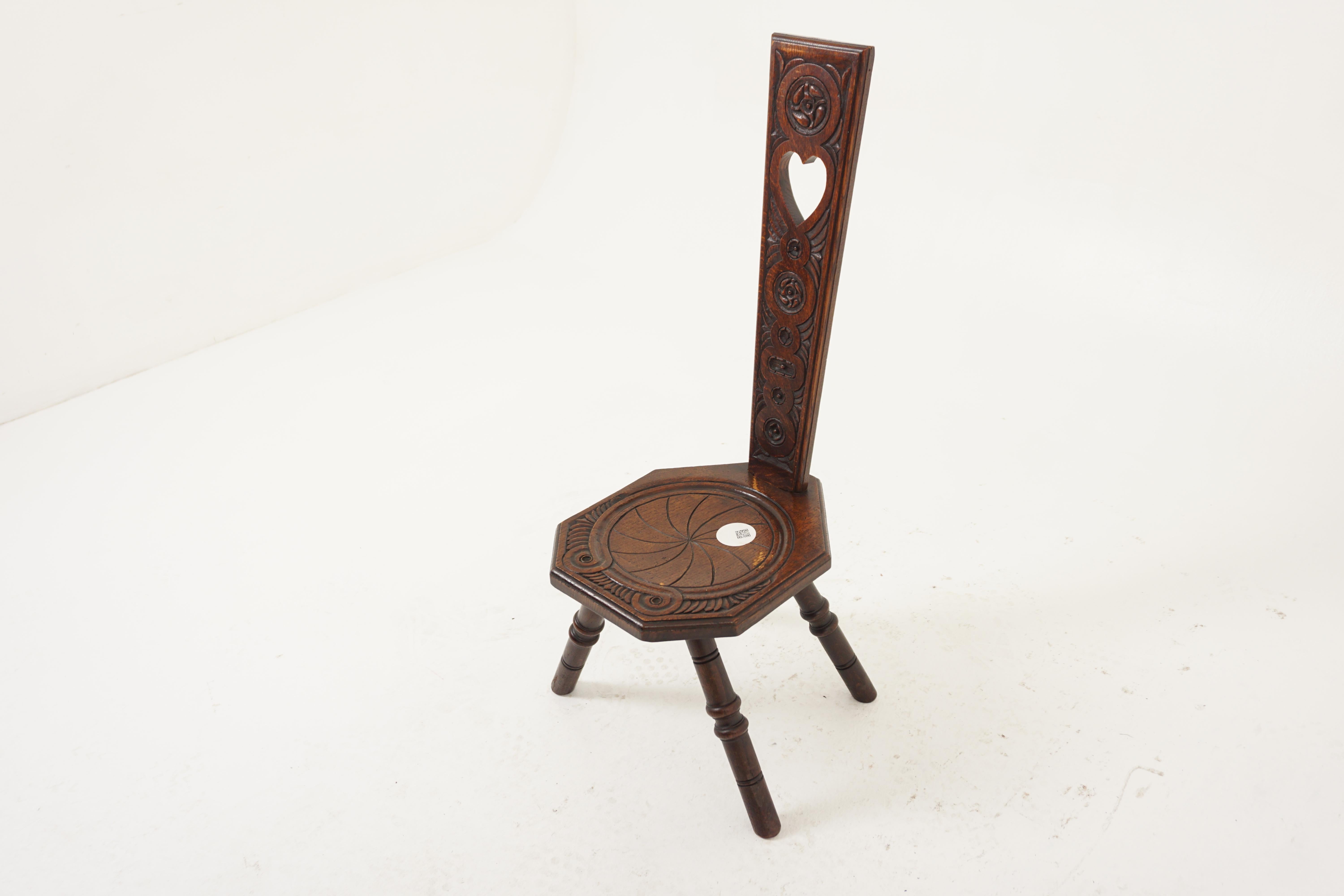 Antique Oak Chair, Carved Arts & Crafts Spinning Chair, Hall Chair, Antique Furniture, Scotland 1890, H1113

+ Scotland 1890
+ Solid Oak
+ Original finish
+ Decorated to the seat and back with a floral inspired design
+ Cut out heart shaped