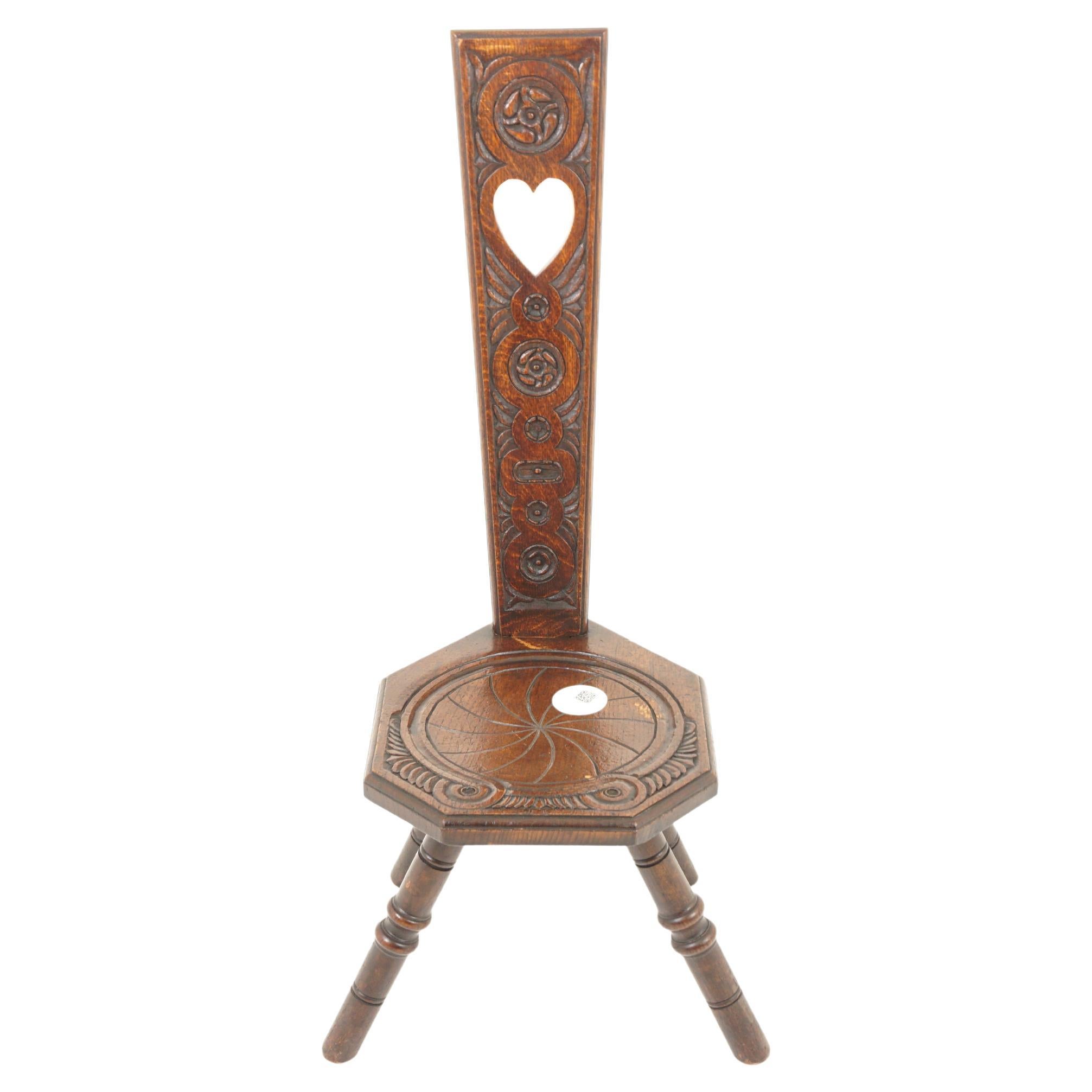 Antiker Flurstuhl aus Eichenholz, Arts and Crafts Spinning Chair, Schottland 1890, H1113