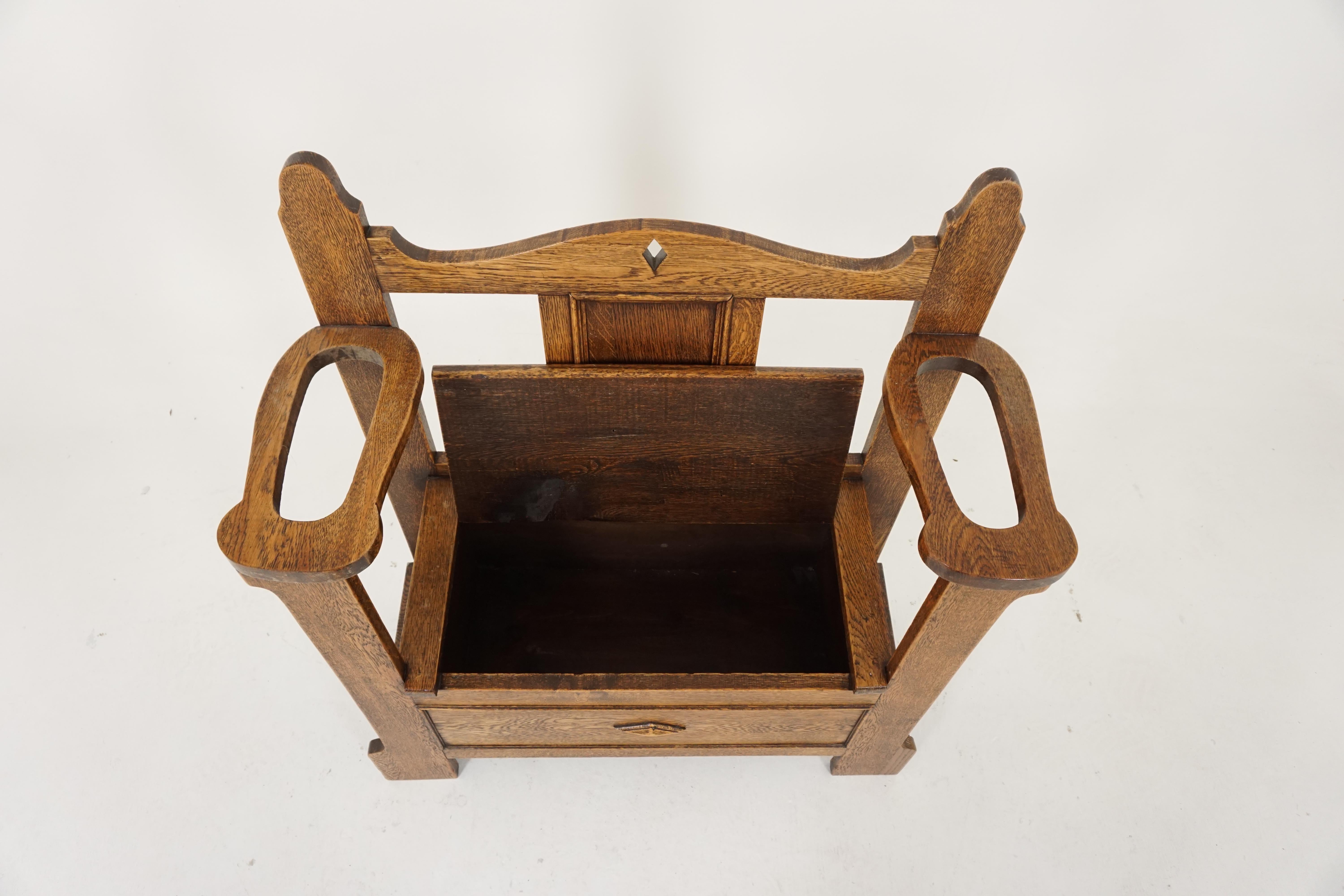 Scottish Antique Oak Hall Seat, Arts & Crafts, with Umbrella Stand, Scotland 1910, B2010
