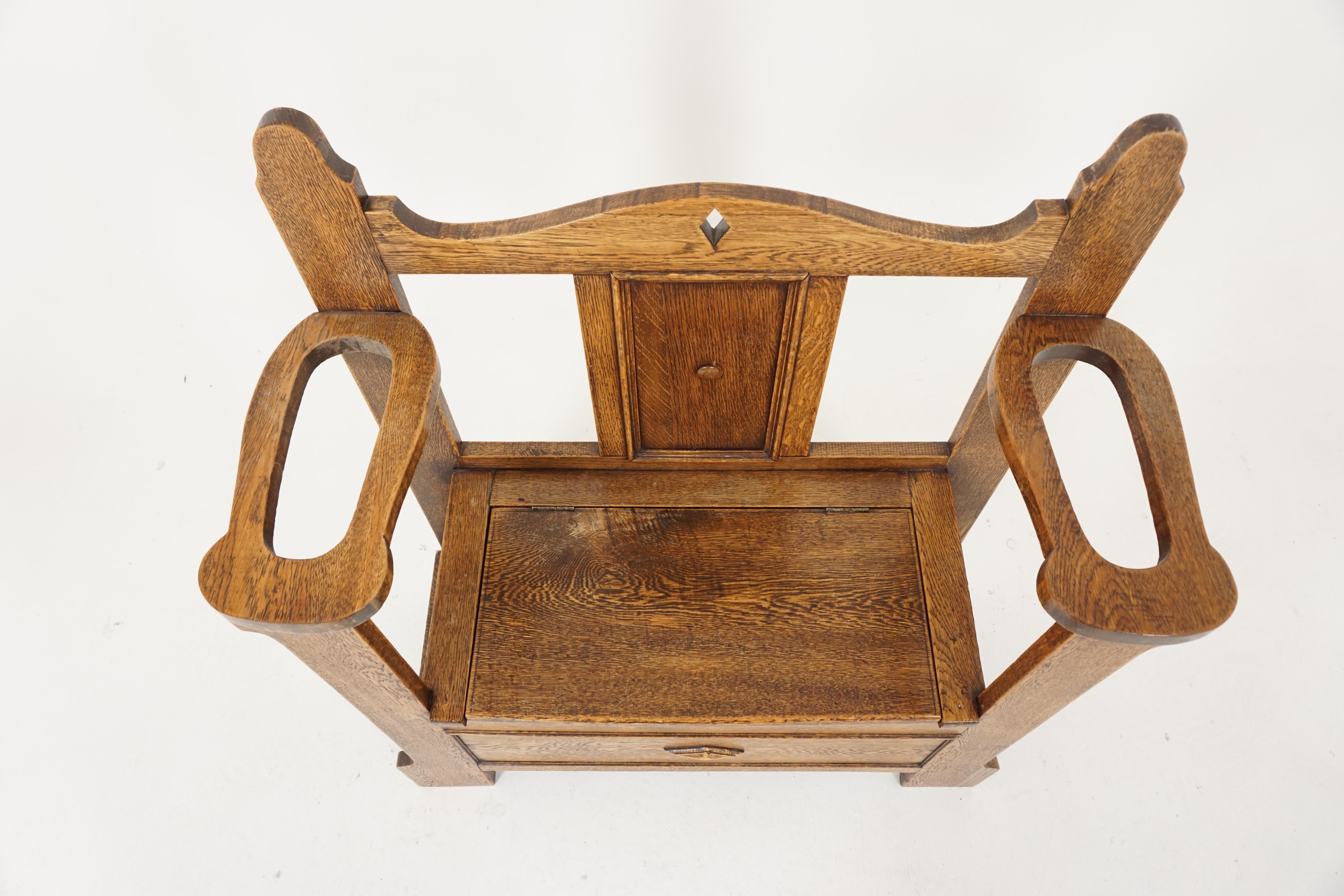 Hand-Crafted Antique Oak Hall Seat, Arts & Crafts, with Umbrella Stand, Scotland 1910, B2010
