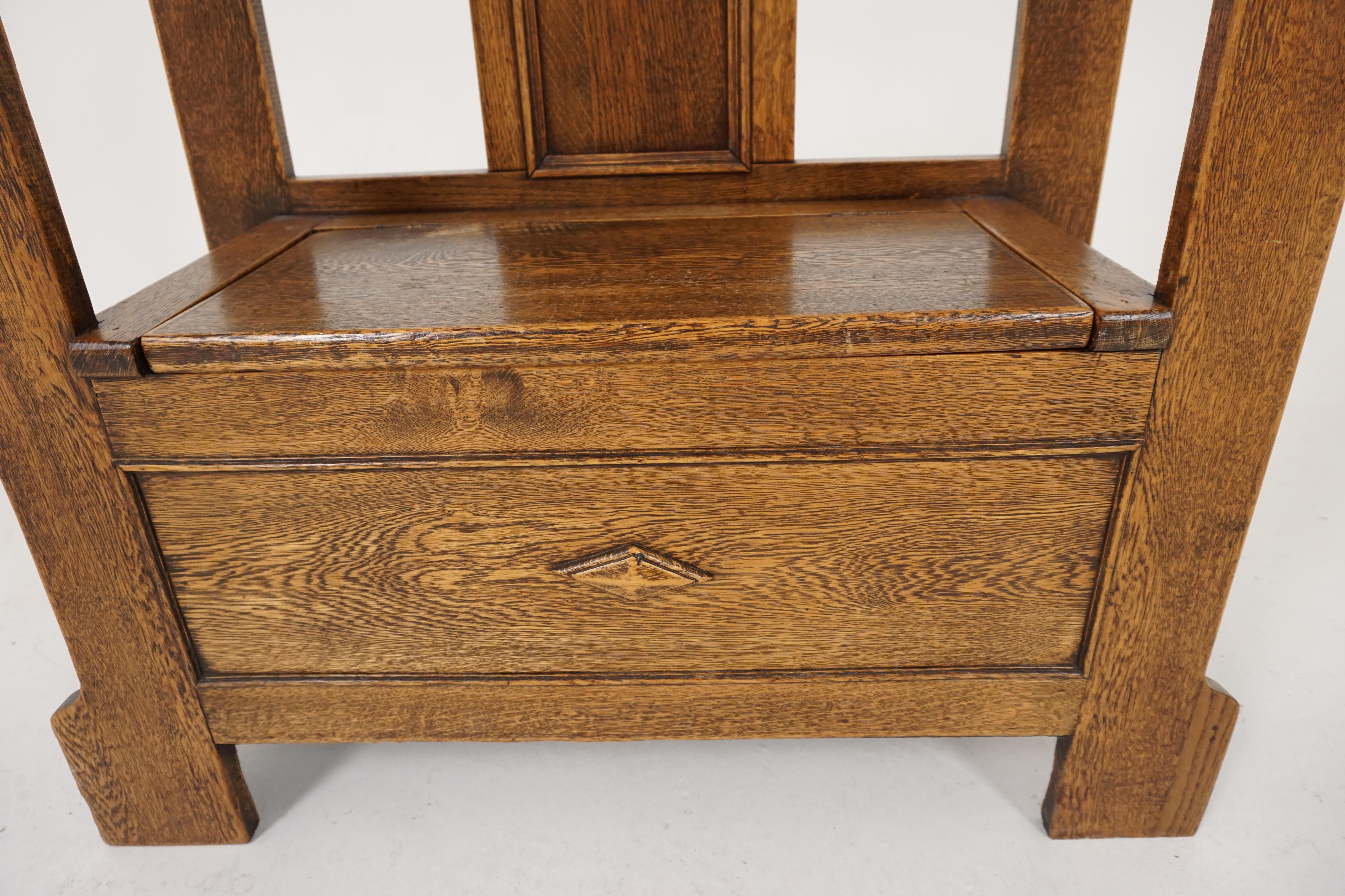 Antique Oak Hall Seat, Arts & Crafts, with Umbrella Stand, Scotland 1910, B2010 2