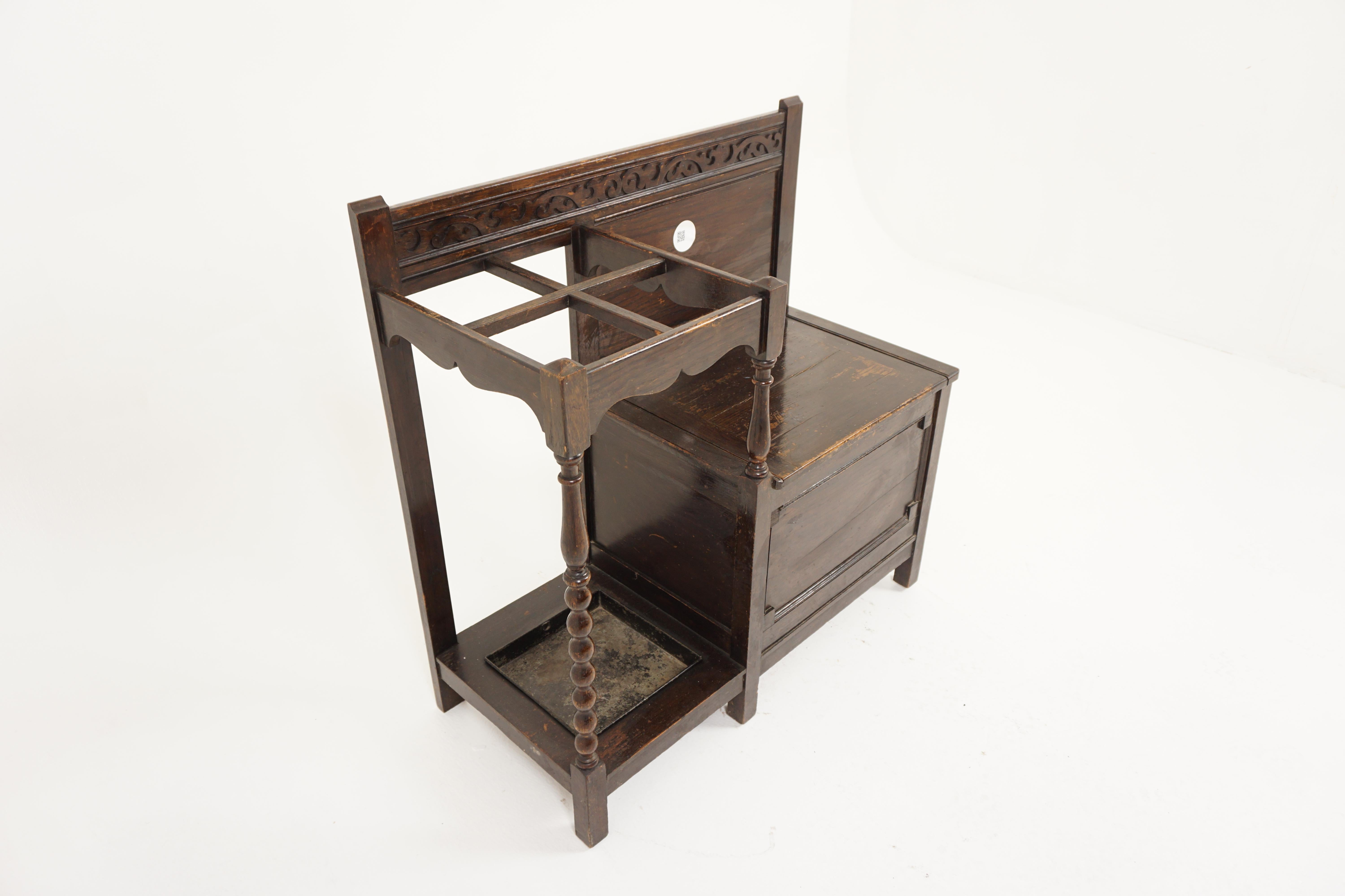 Scottish Antique Oak Hall Seat, Bench with a Stitch Stand, Scotland 1910, H1064