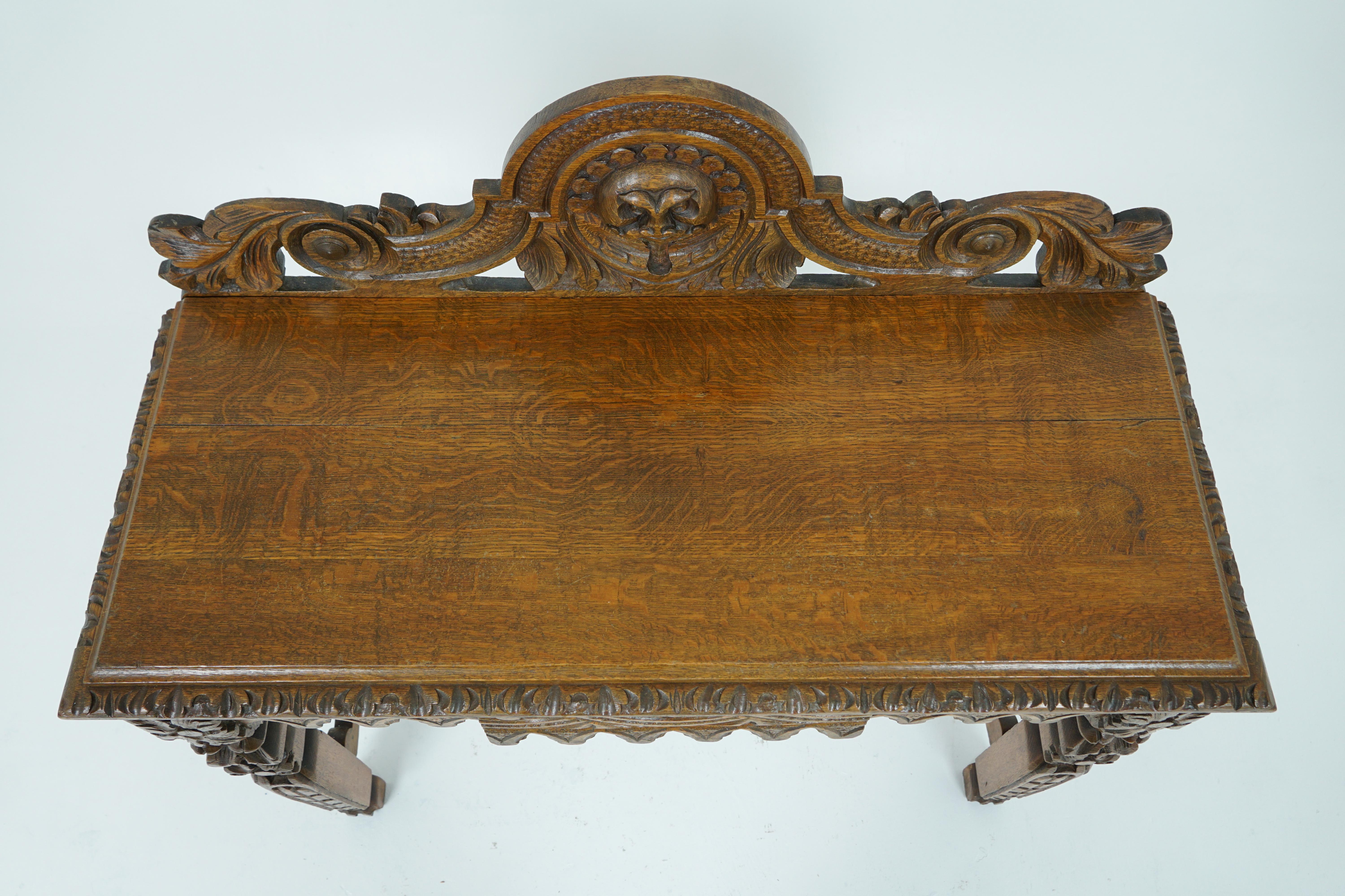 Hand-Crafted Antique Oak Hall Table, Victorian Carved Oak Side Server, Scotland 1880, B1876