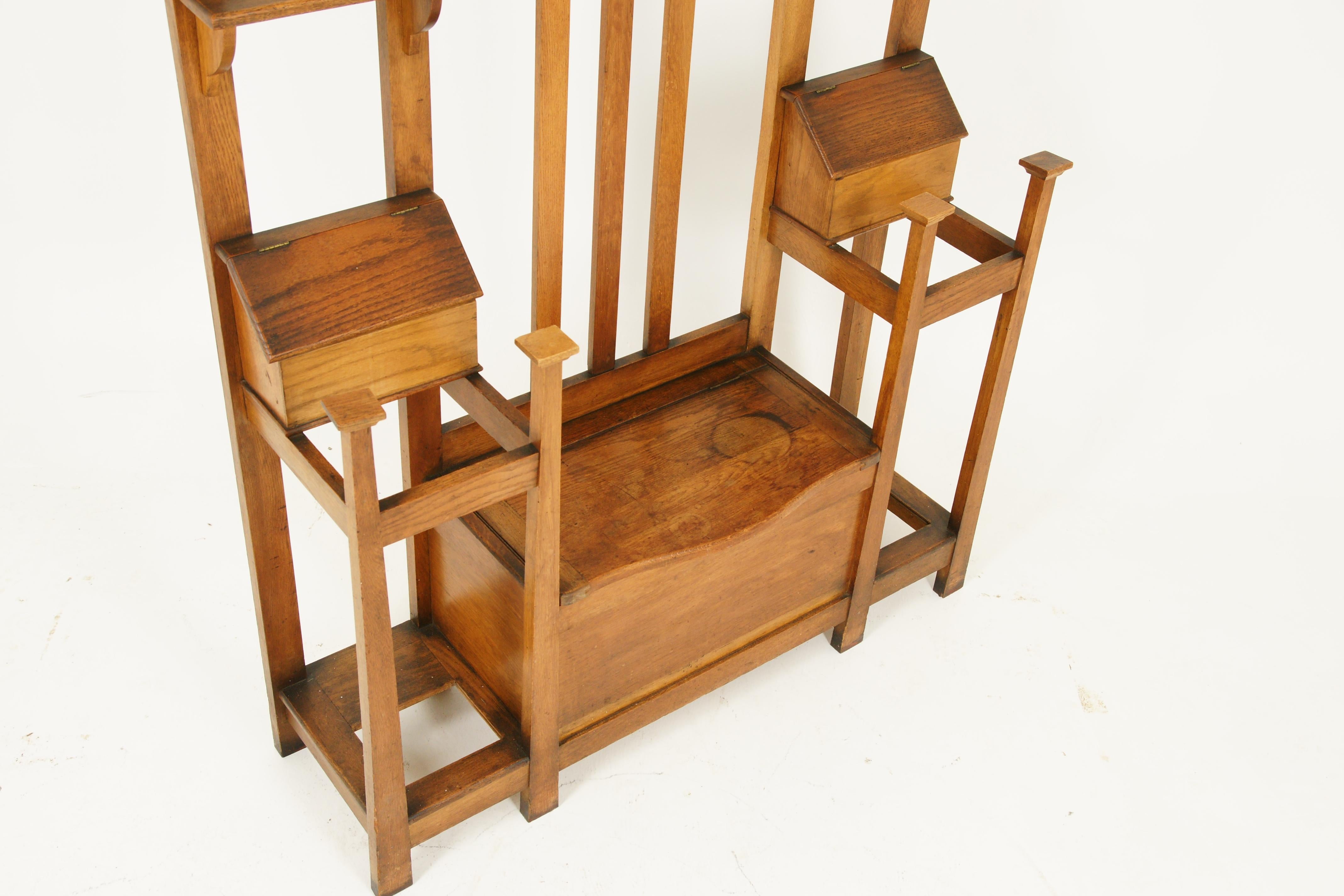 Hand-Crafted Antique Oak Hall Tree, Arts & Crafts, Double Sided, Seat, Scotland, 1900, B1715