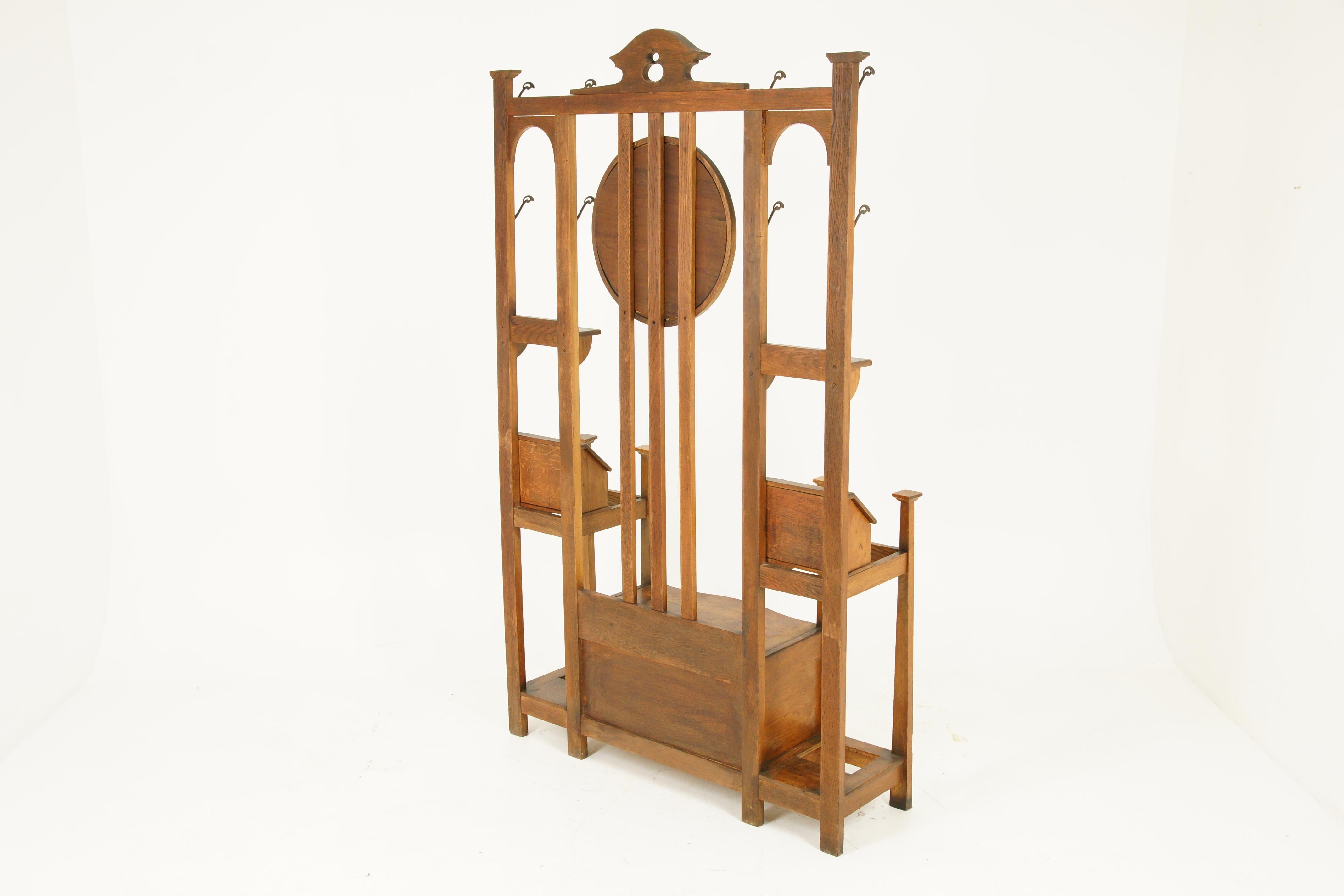 Antique Oak Hall Tree, Arts & Crafts, Double Sided, Seat, Scotland, 1900, B1715 In Good Condition In Vancouver, BC