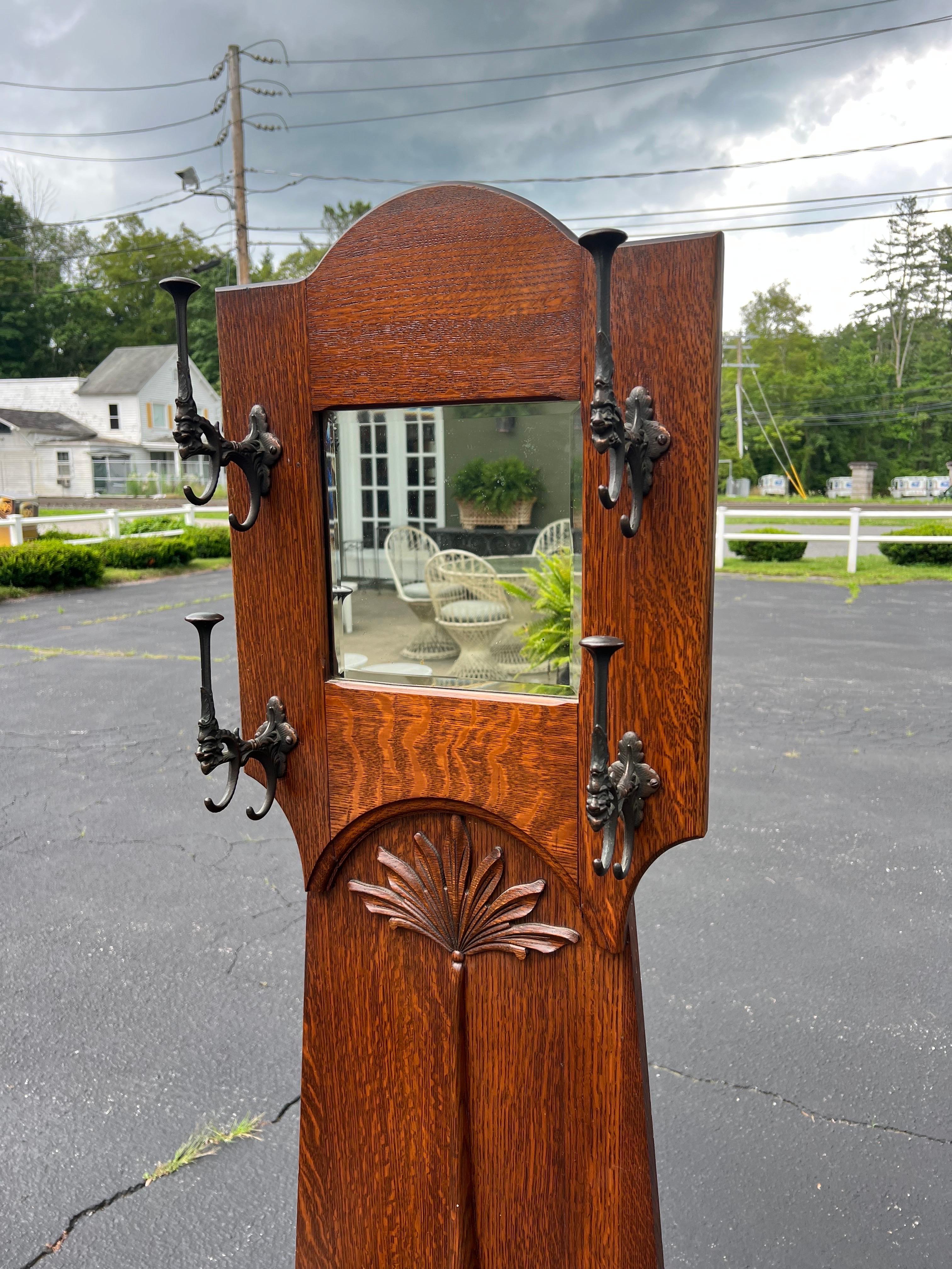Antique Oak Hall Tree Chair with Mirror 1