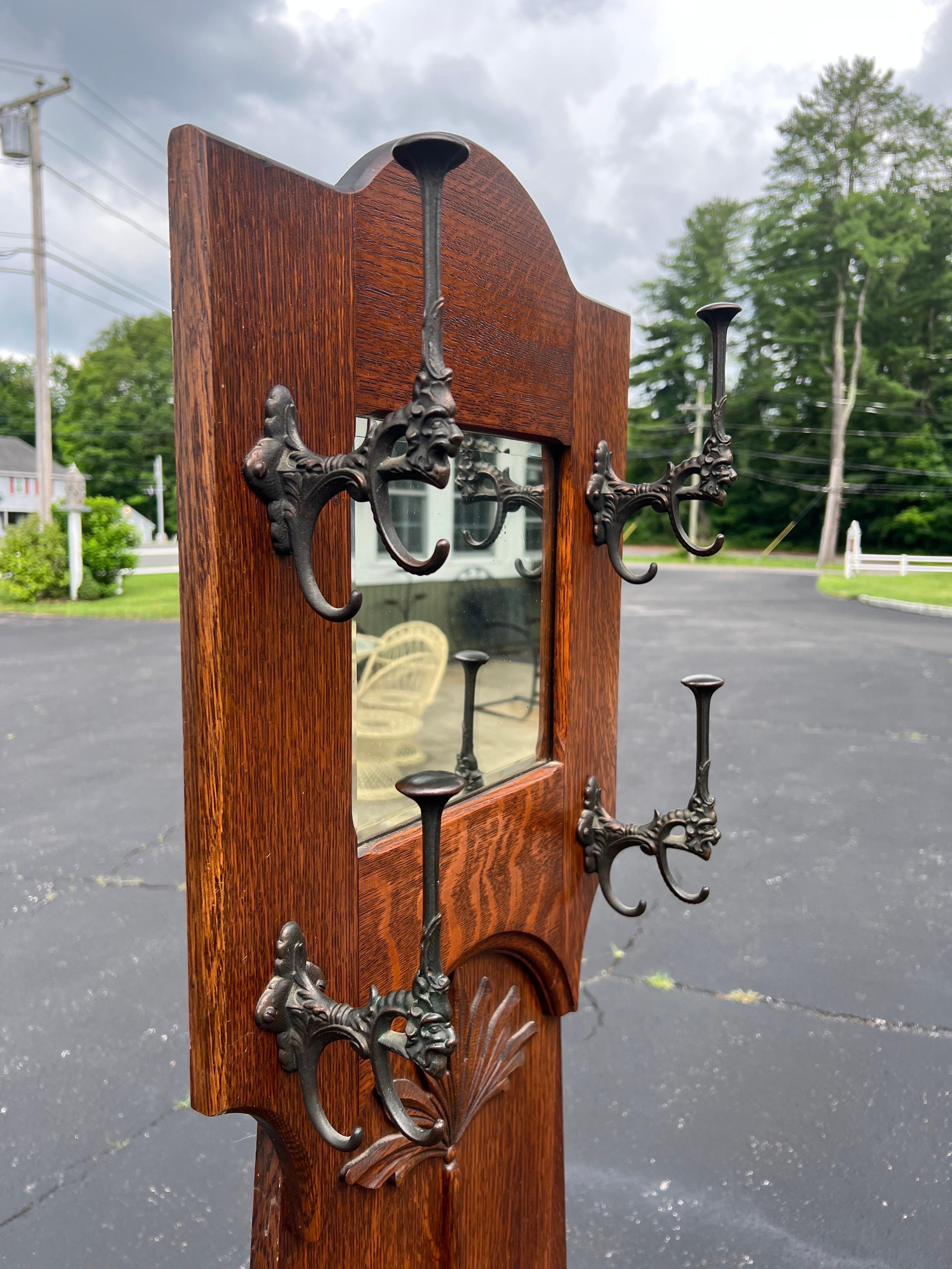 Antique Oak Hall Tree Chair with Mirror 8