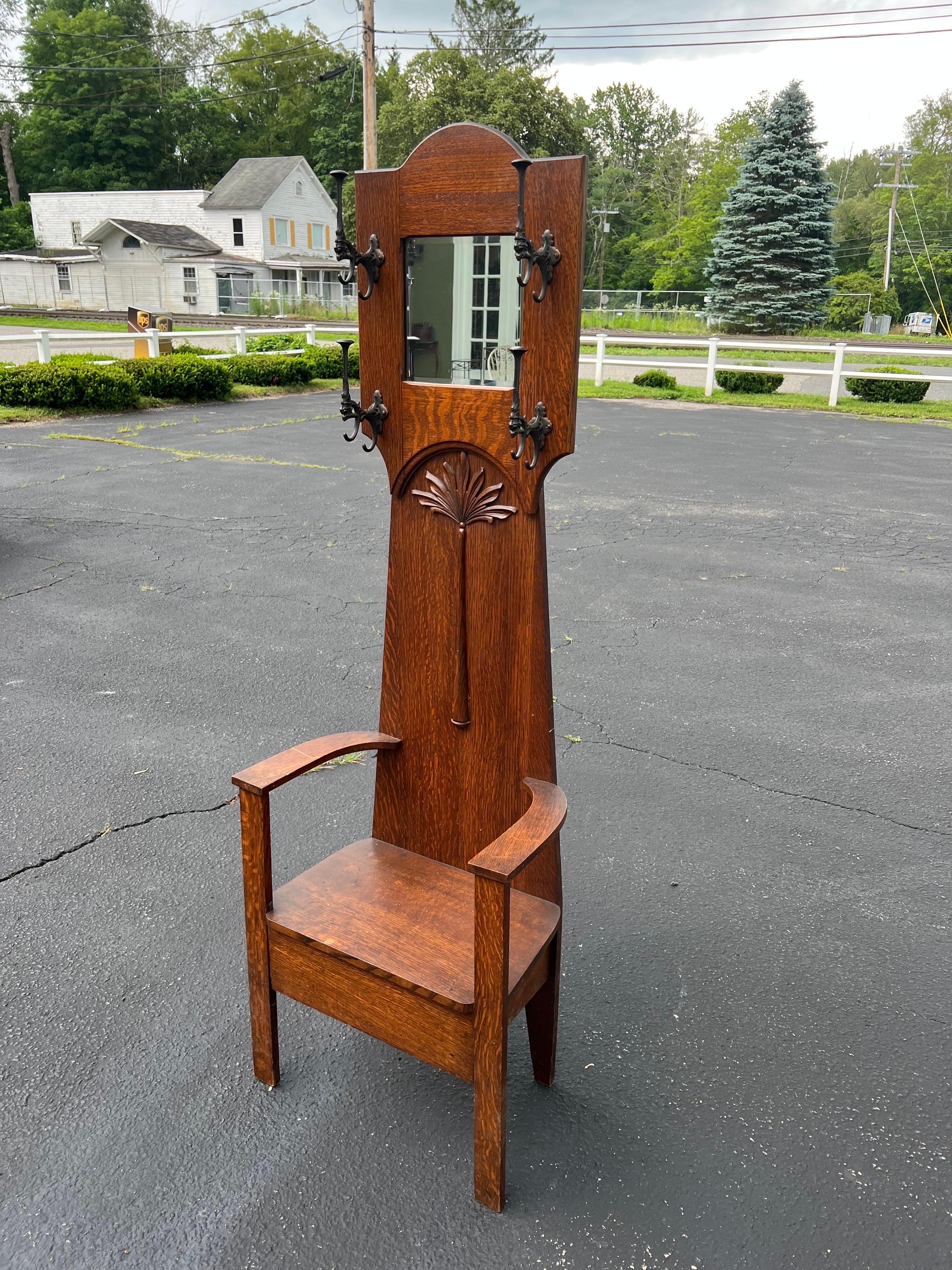 Antique Oak Hall Tree Chair with Mirror 9