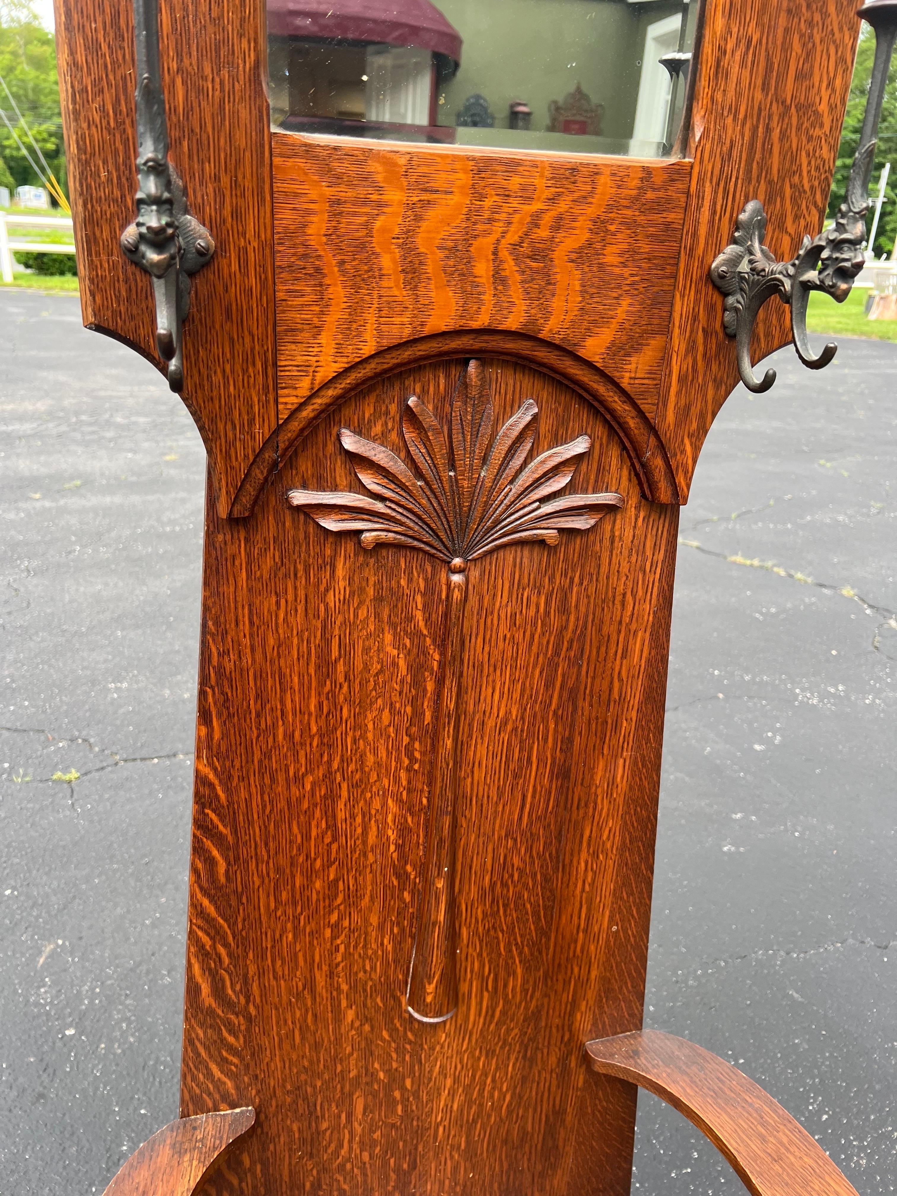 Antique Oak Hall Tree Chair with Mirror 10