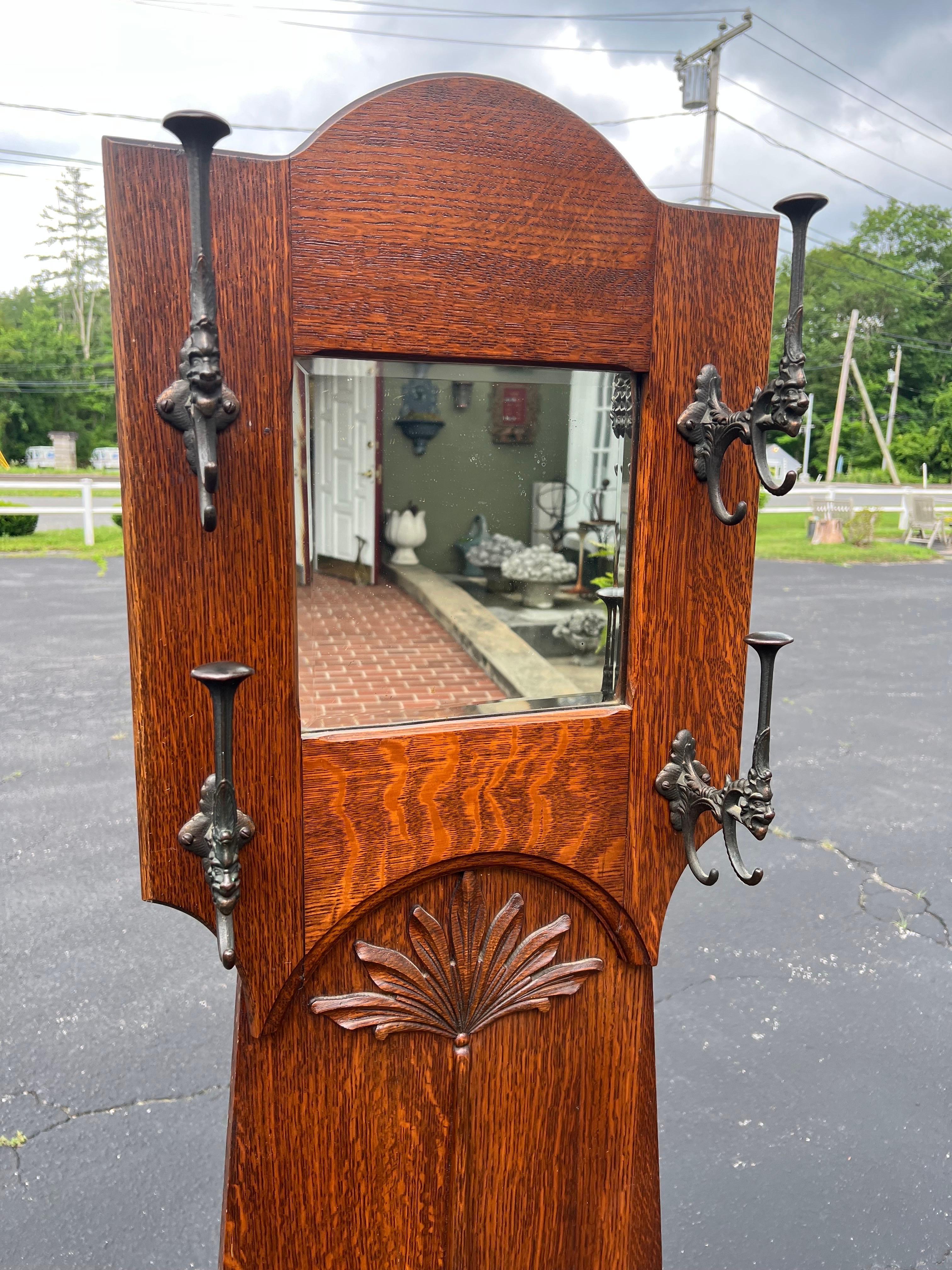 Antique Oak Hall Tree Chair with Mirror 11
