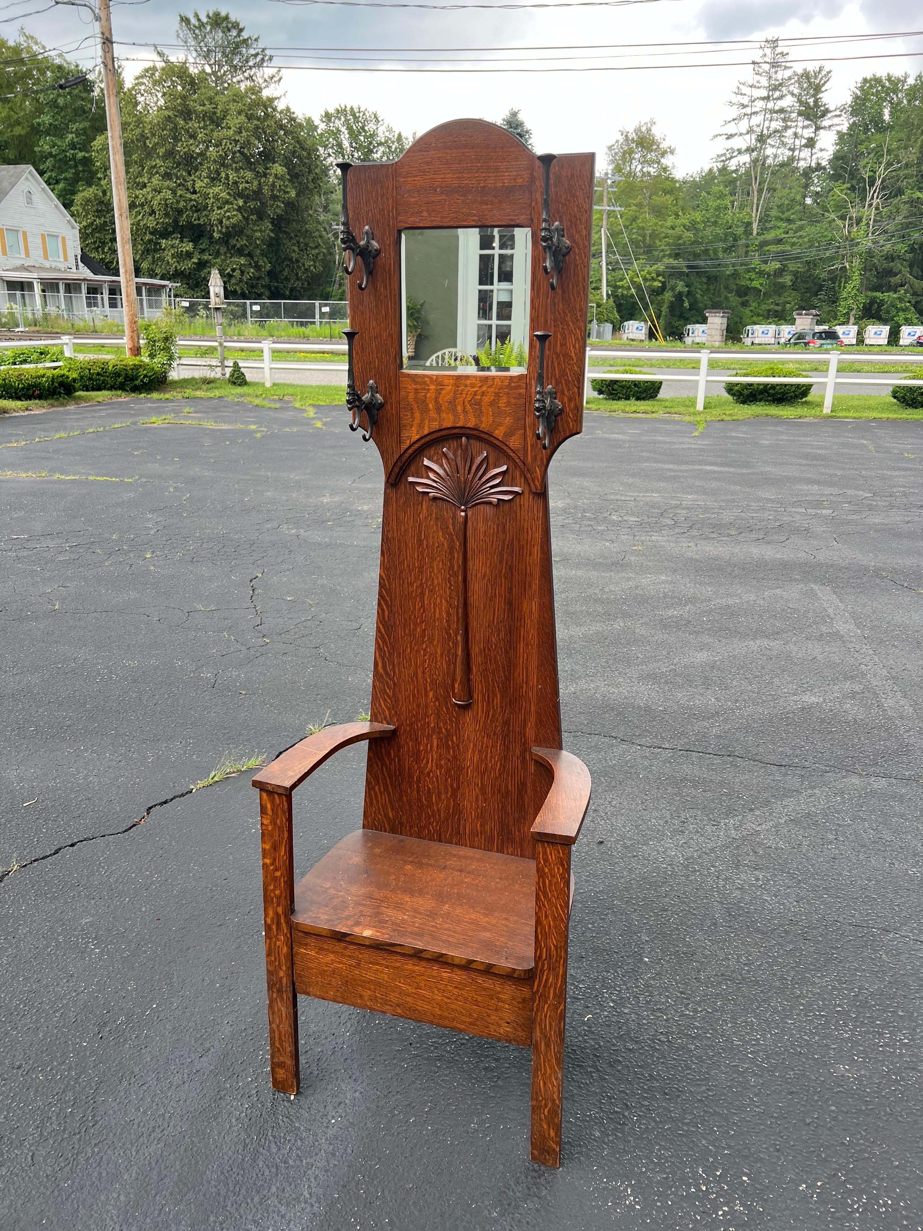 antique hall tree with bench and mirror