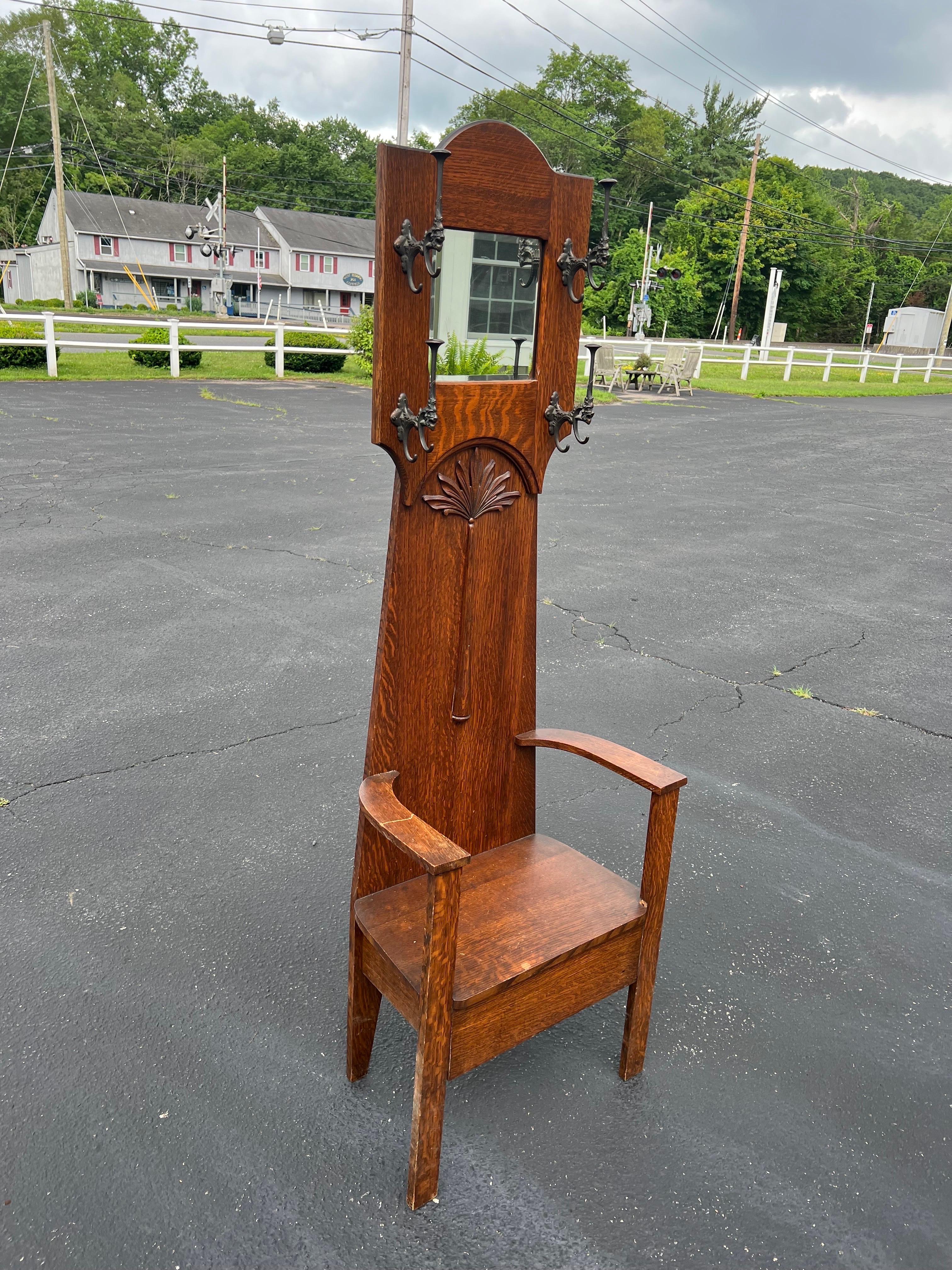 Arts and Crafts Antique Oak Hall Tree Chair with Mirror