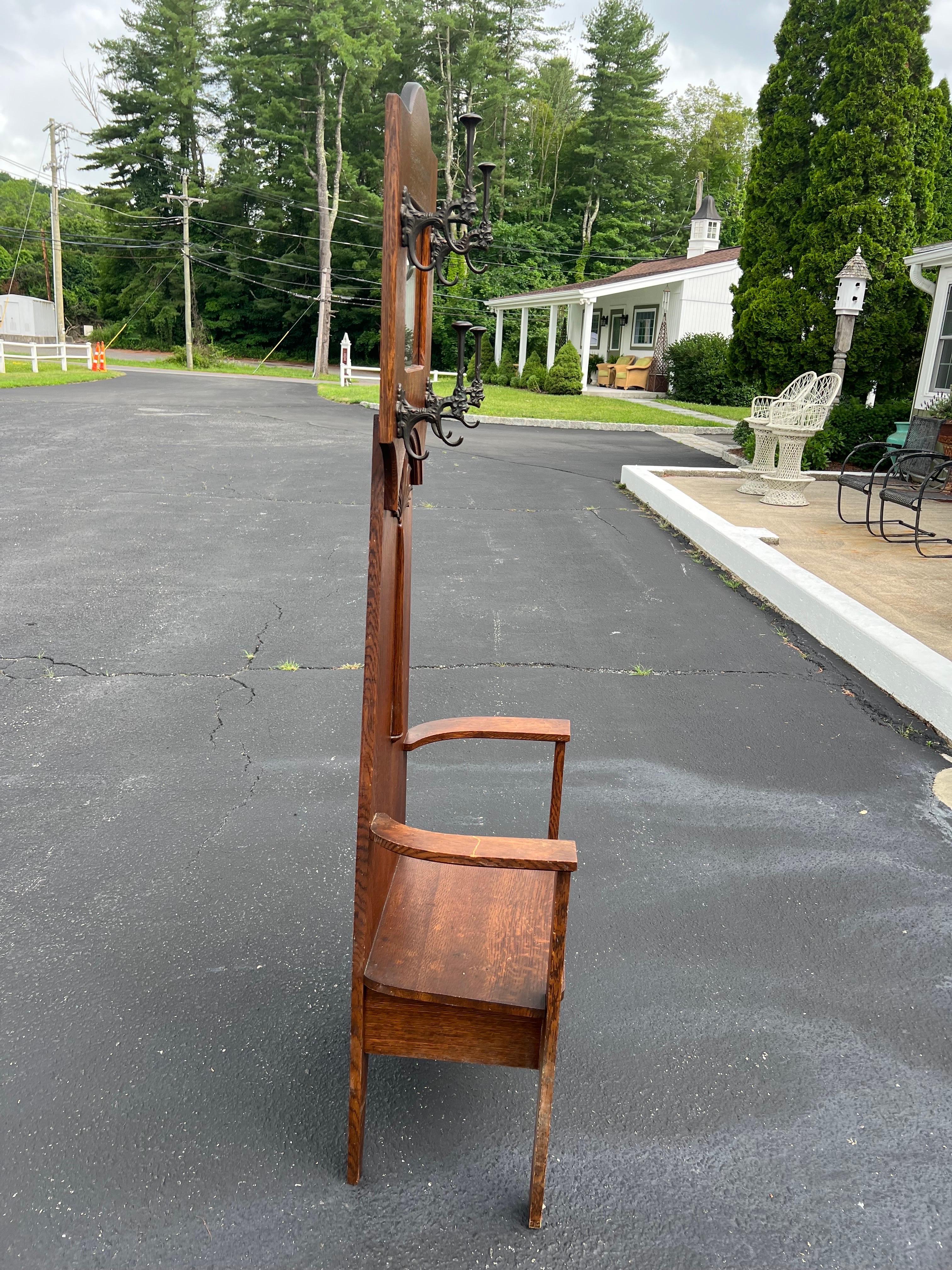 American Antique Oak Hall Tree Chair with Mirror