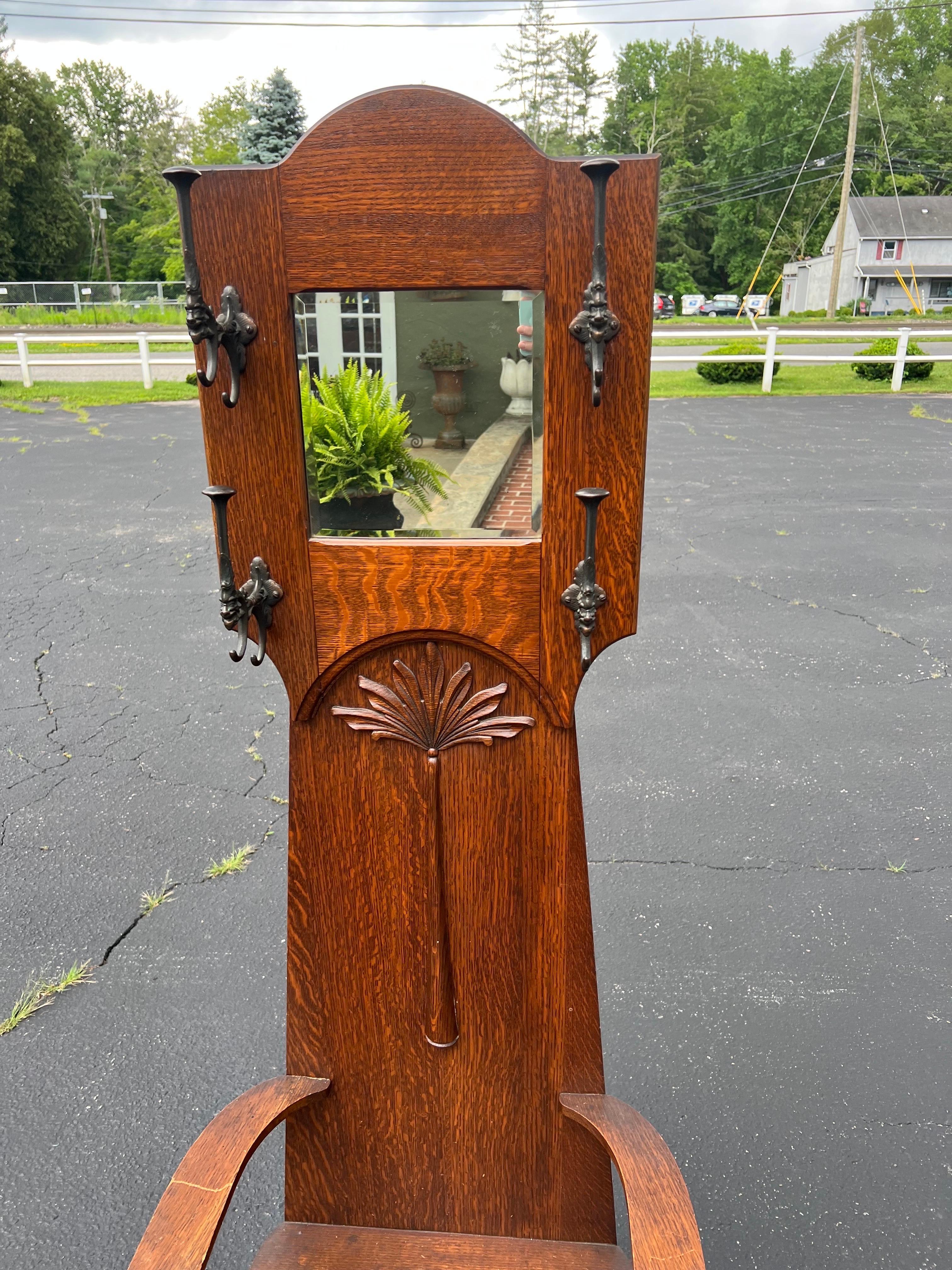 Early 20th Century Antique Oak Hall Tree Chair with Mirror