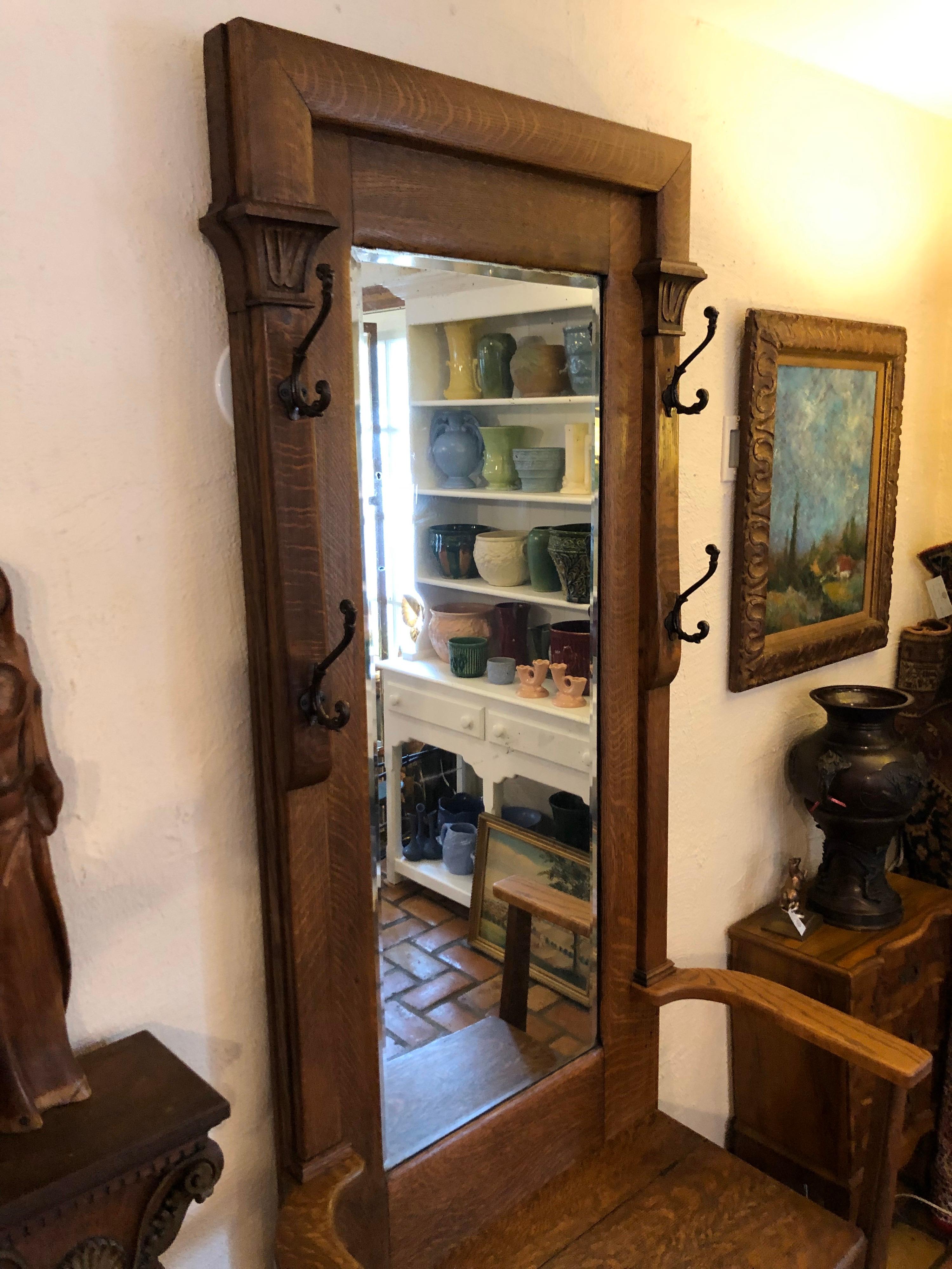 SOLD-Antique Oak Hall Tree with Mirror 2