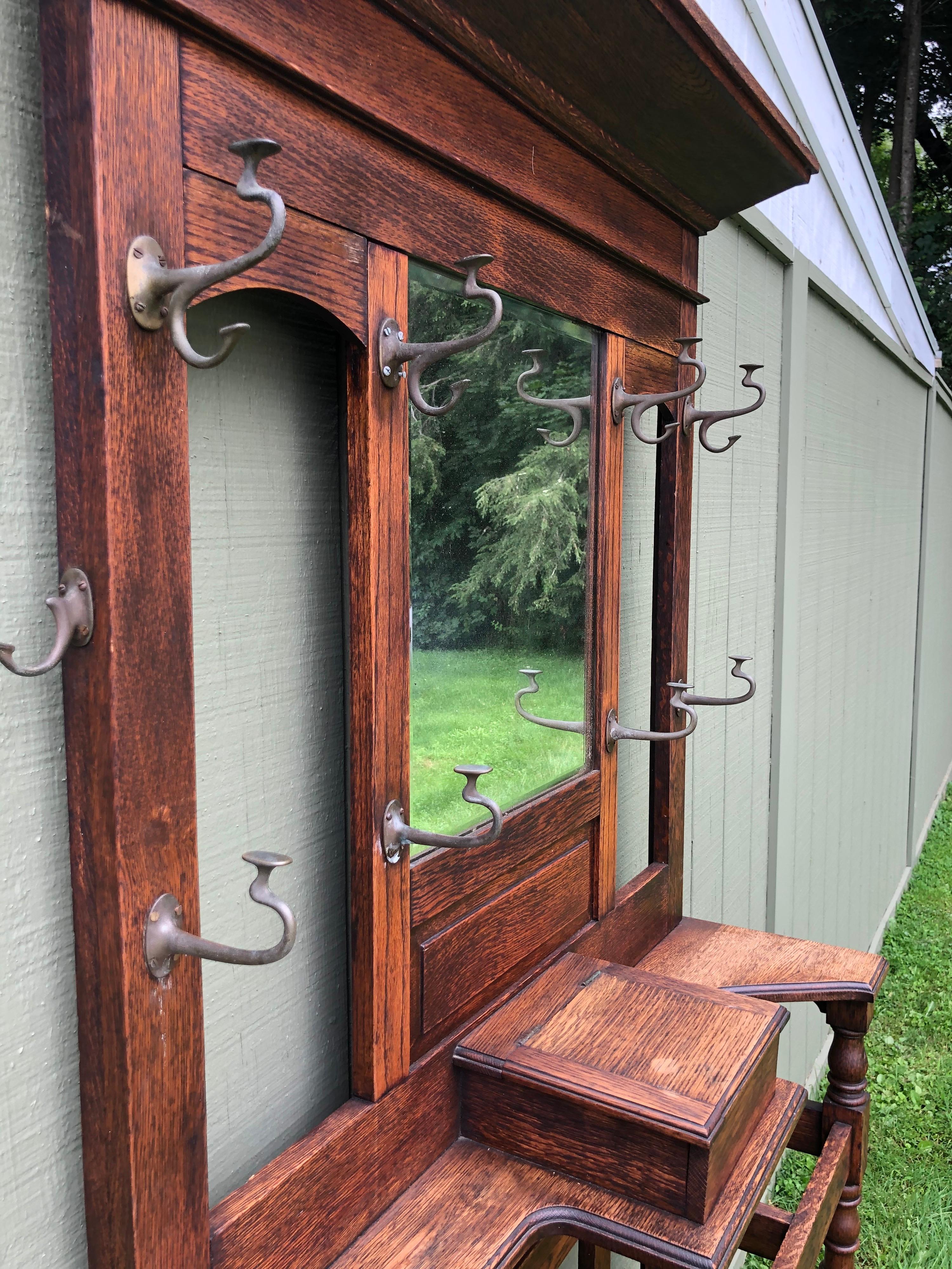 On Sale-Antique Oak Hall Tree with Mirror 7