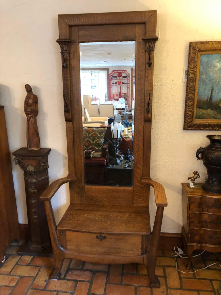 SOLDAntique Oak Hall Tree with Mirror at 1stDibs