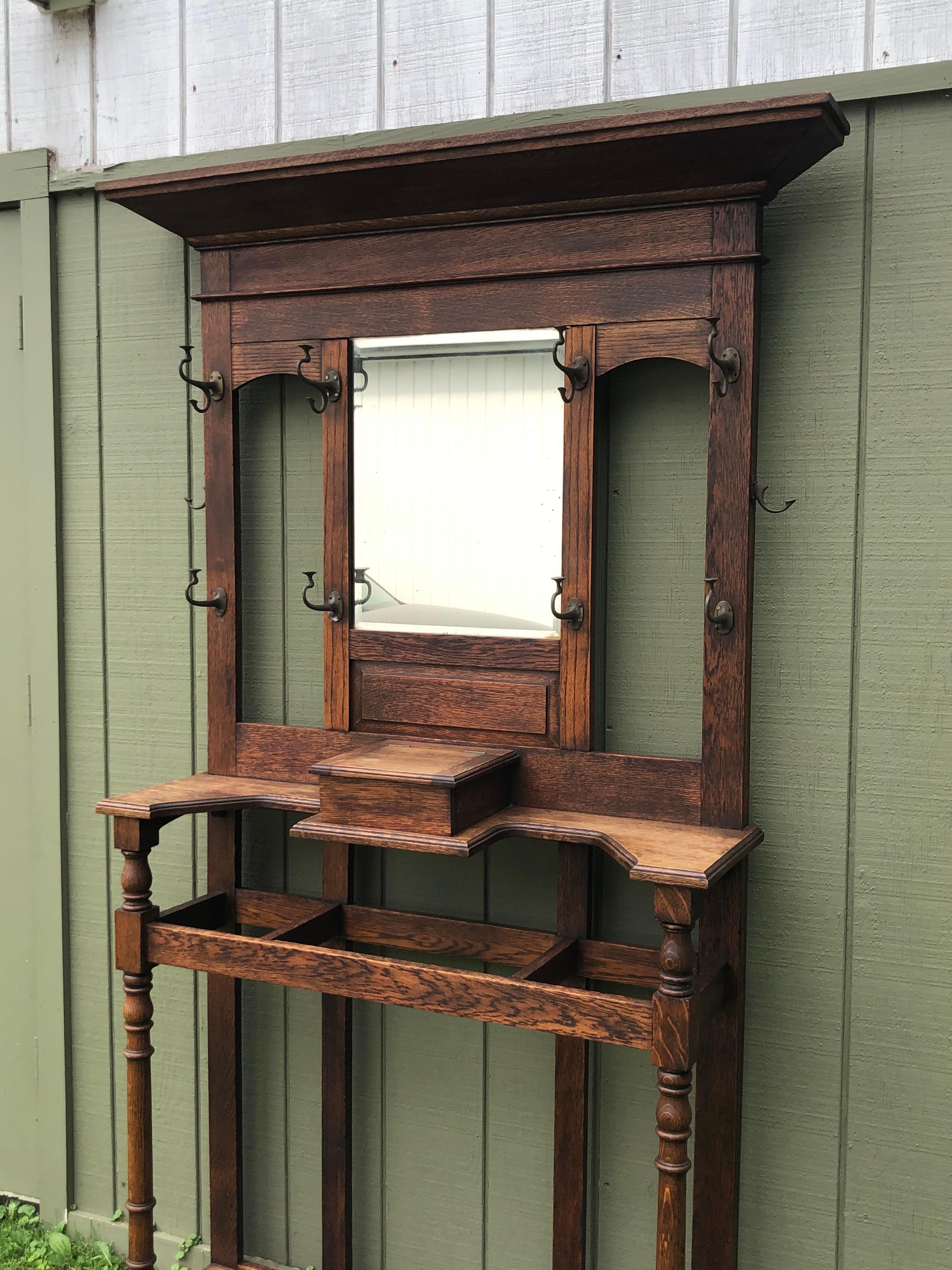 Arts and Crafts On Sale-Antique Oak Hall Tree with Mirror