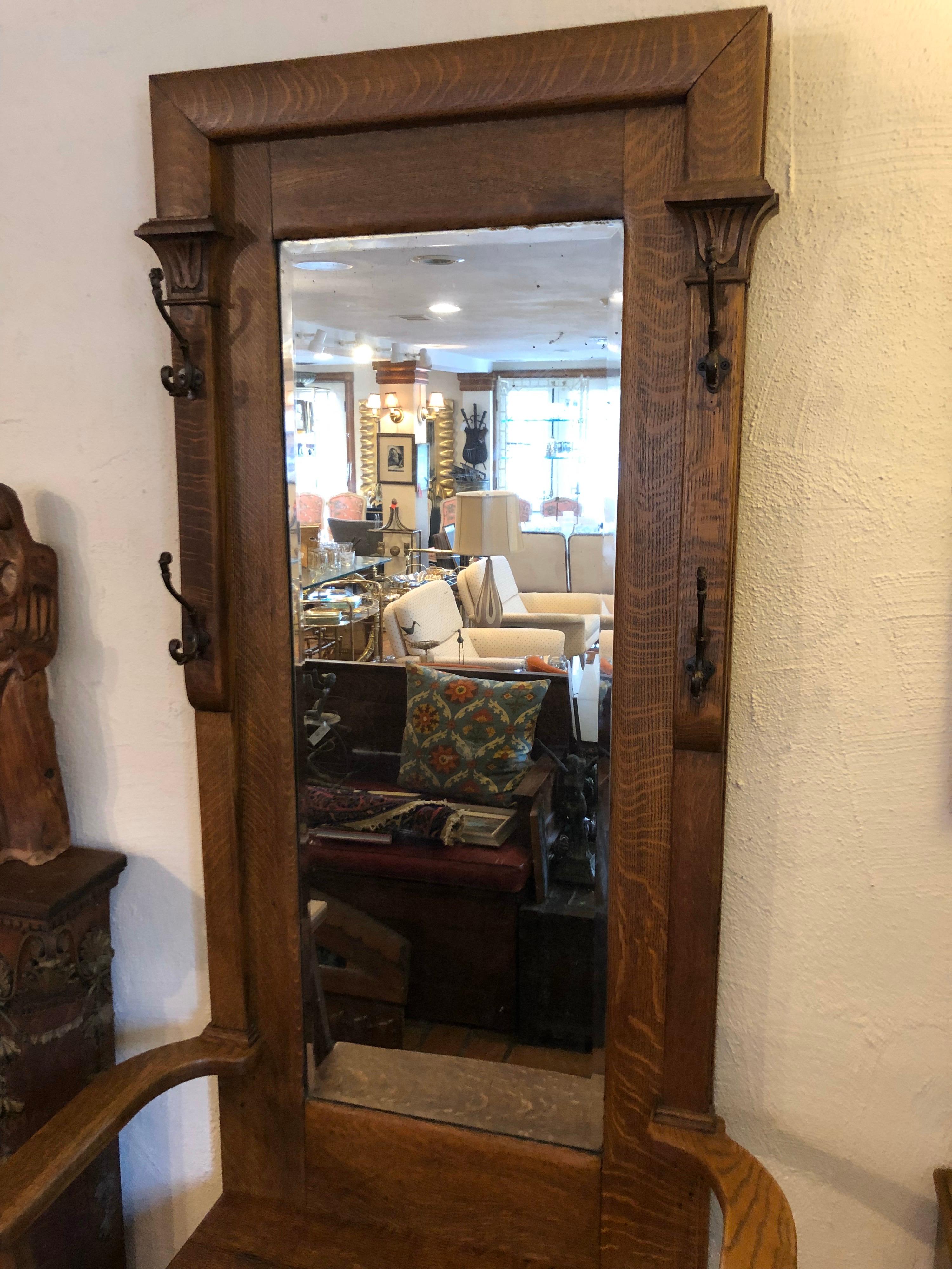 American SOLD-Antique Oak Hall Tree with Mirror