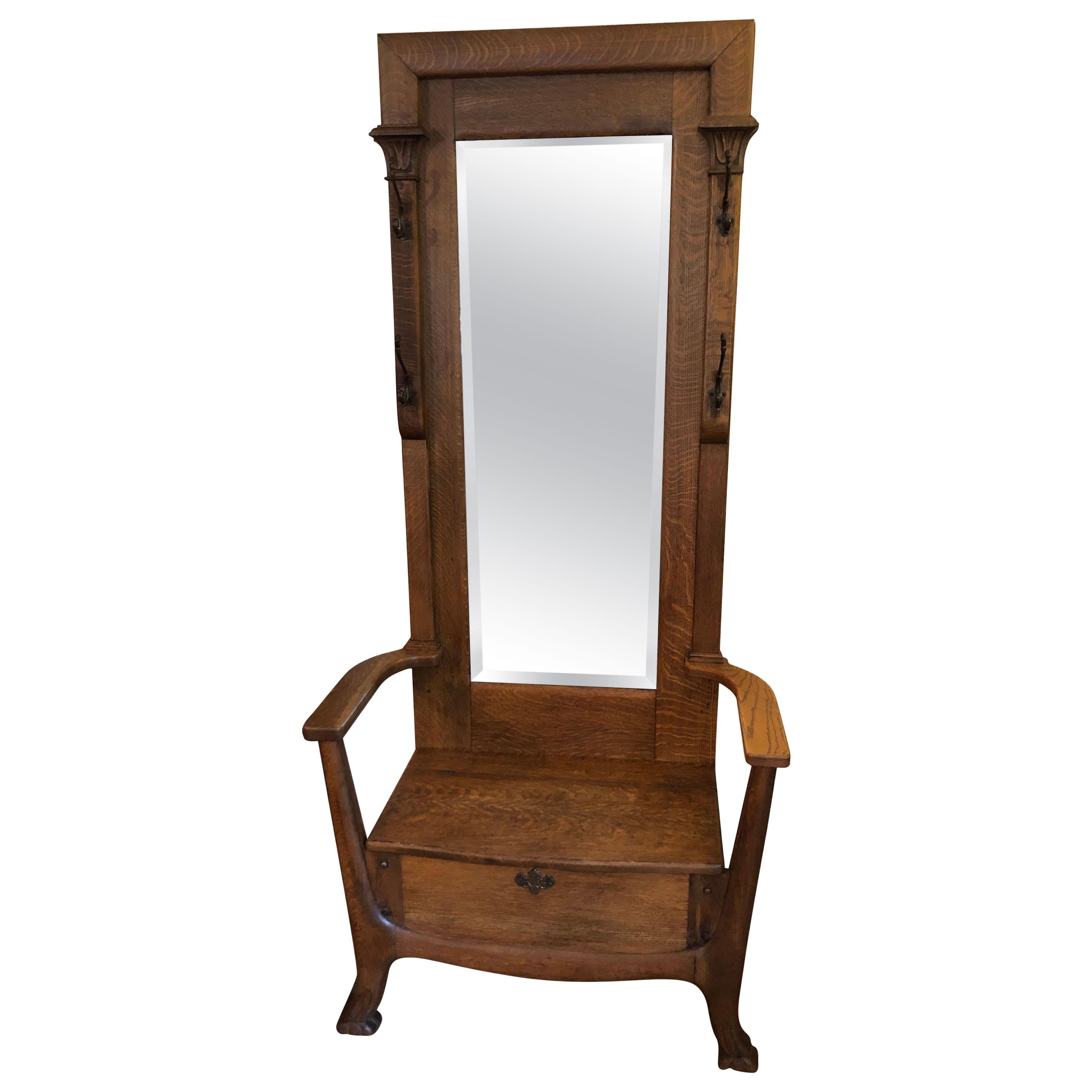 SOLD-Antique Oak Hall Tree with Mirror