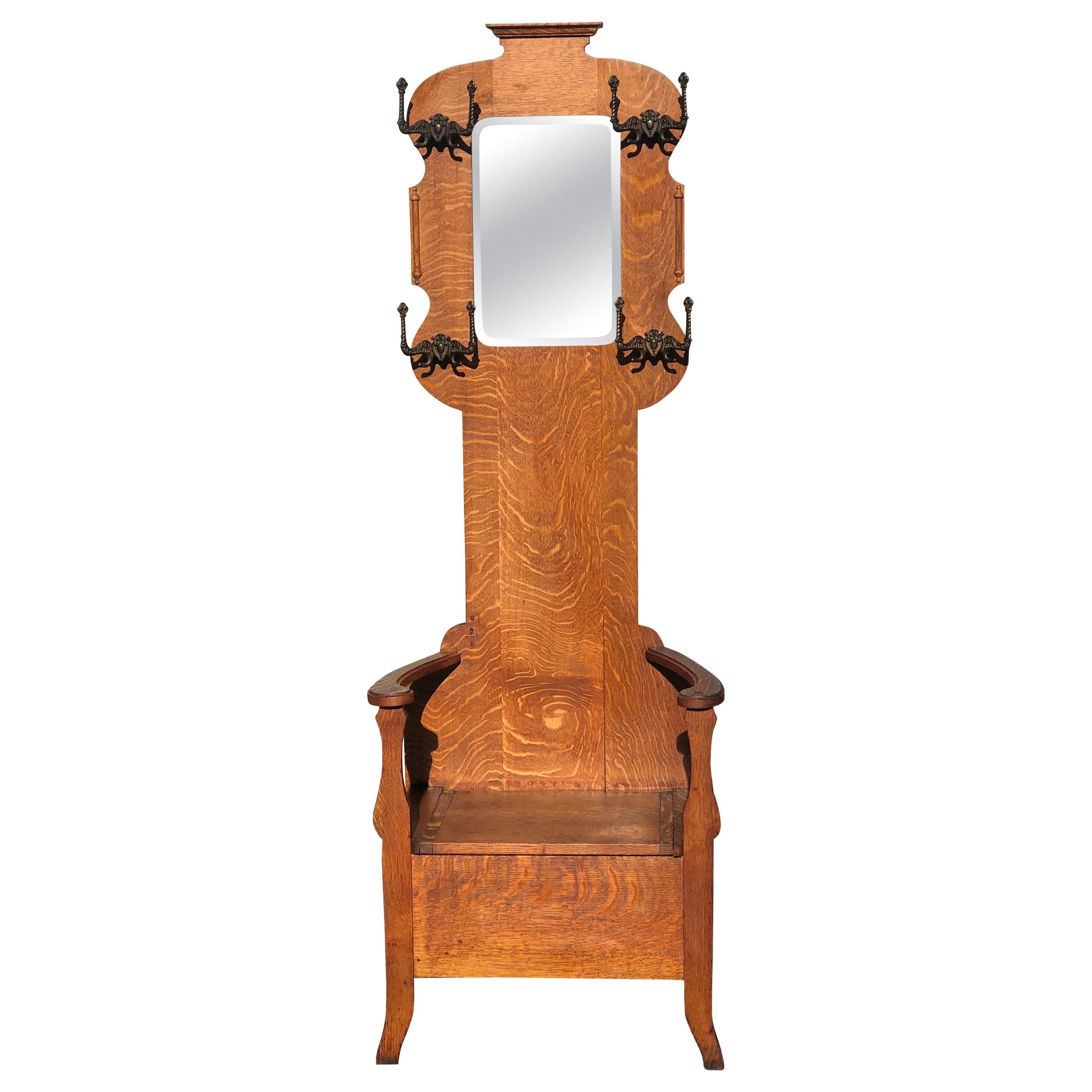Antique Oak Hall Tree with Mirror