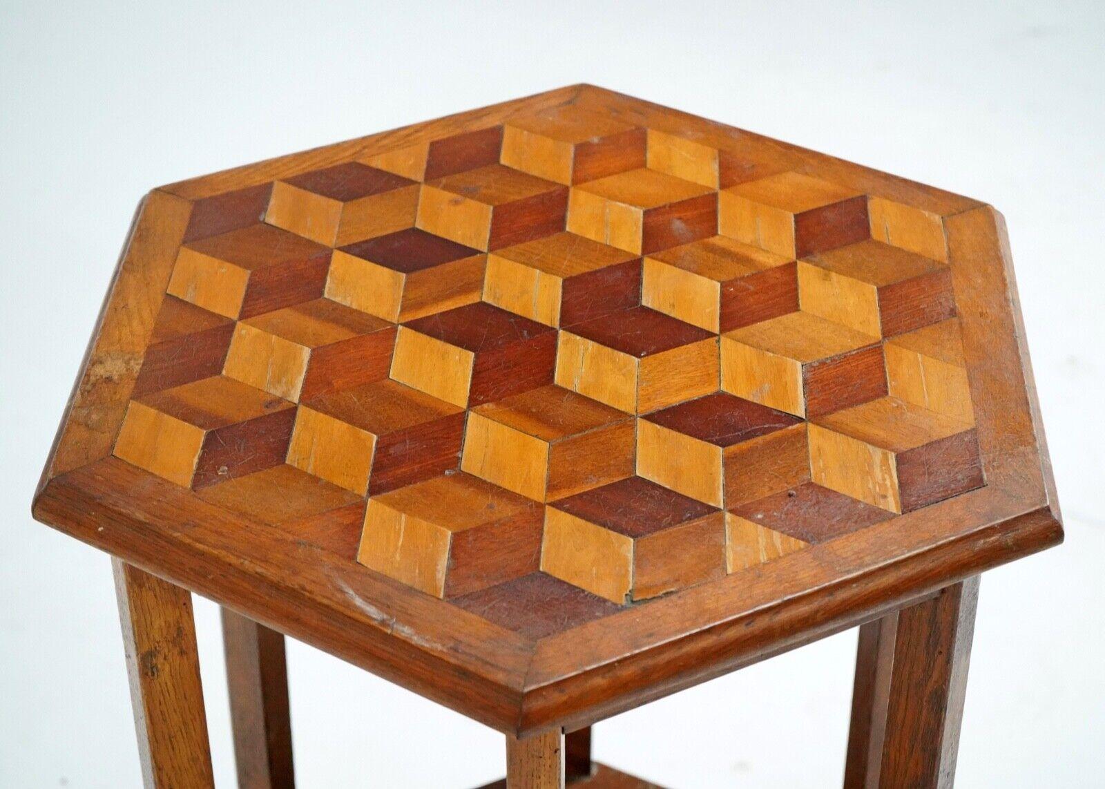 Antique Oak Hexagonal Cubist Parquetry Top Side Table - Country House 8