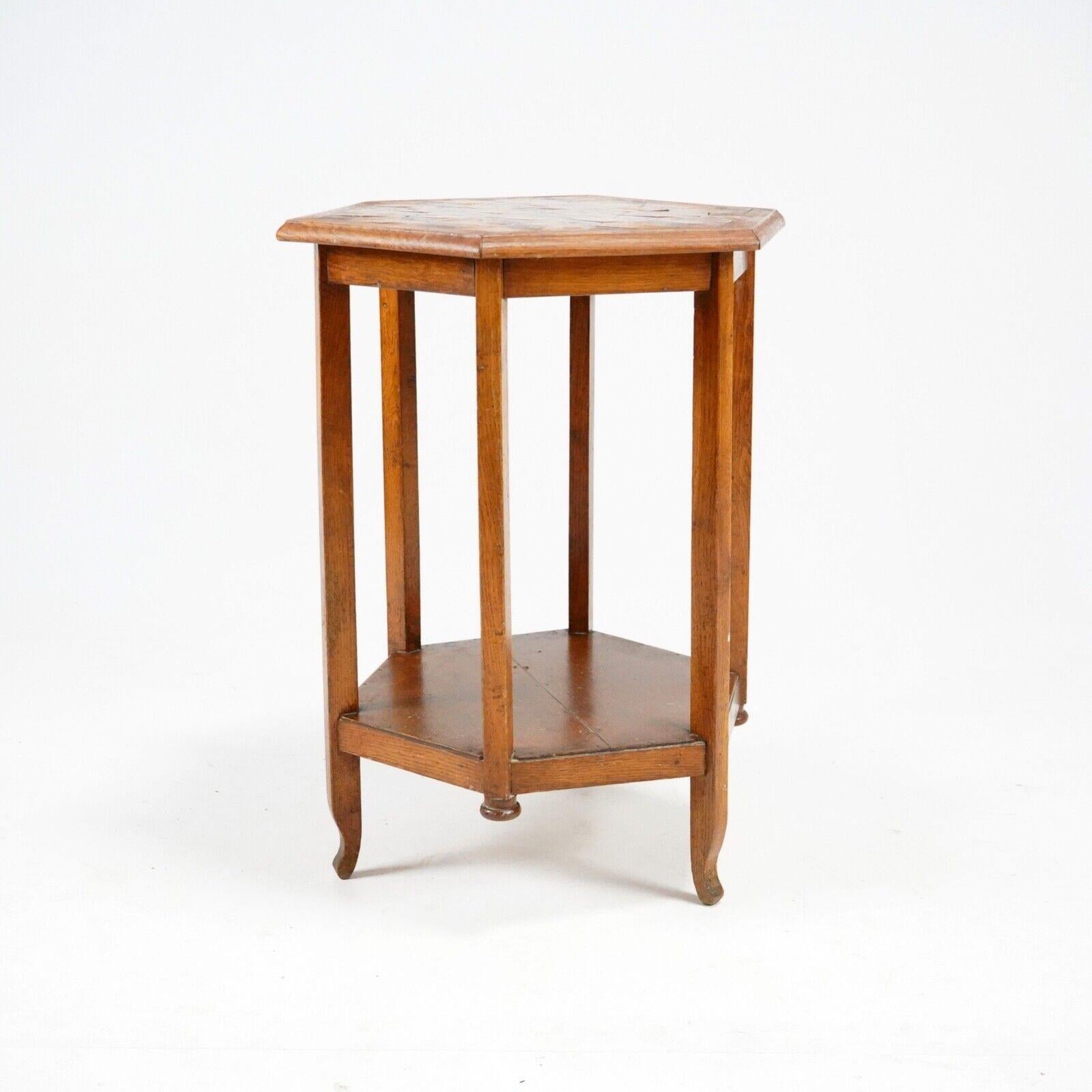 19th Century Antique Oak Hexagonal Cubist Parquetry Top Side Table - Country House For Sale
