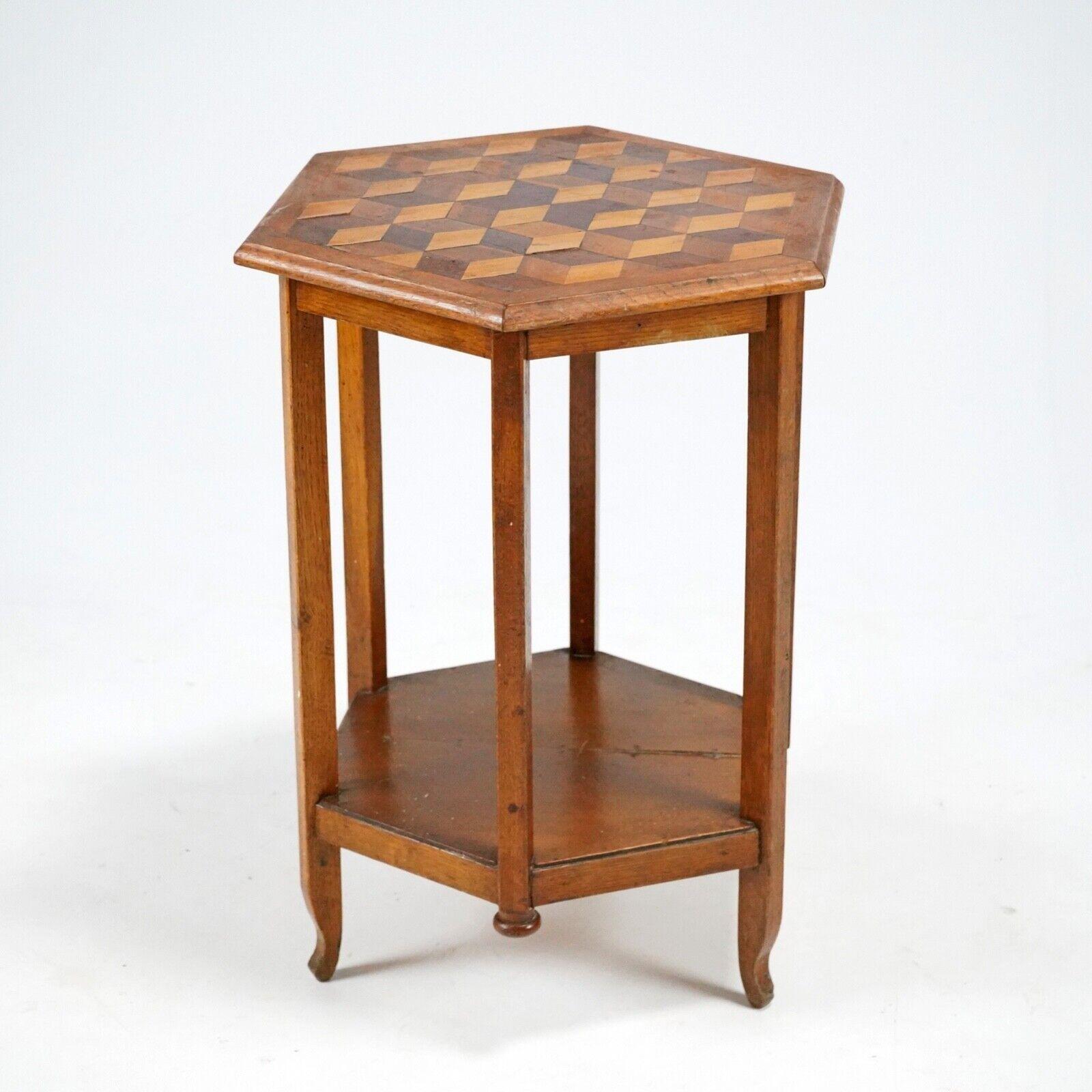 Antique Oak Hexagonal Cubist Parquetry Top Side Table - Country House 4