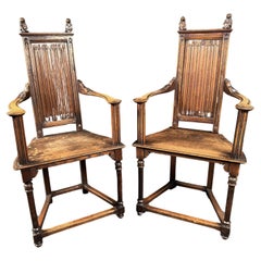 Antique Oak Highback Gothic Armchairs