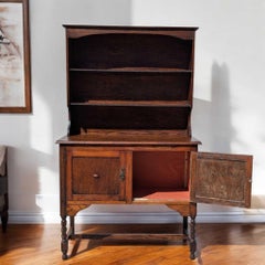 Antique Oak Hutch with Barley Twist Legs, Storage & Shelves, c. 1900s