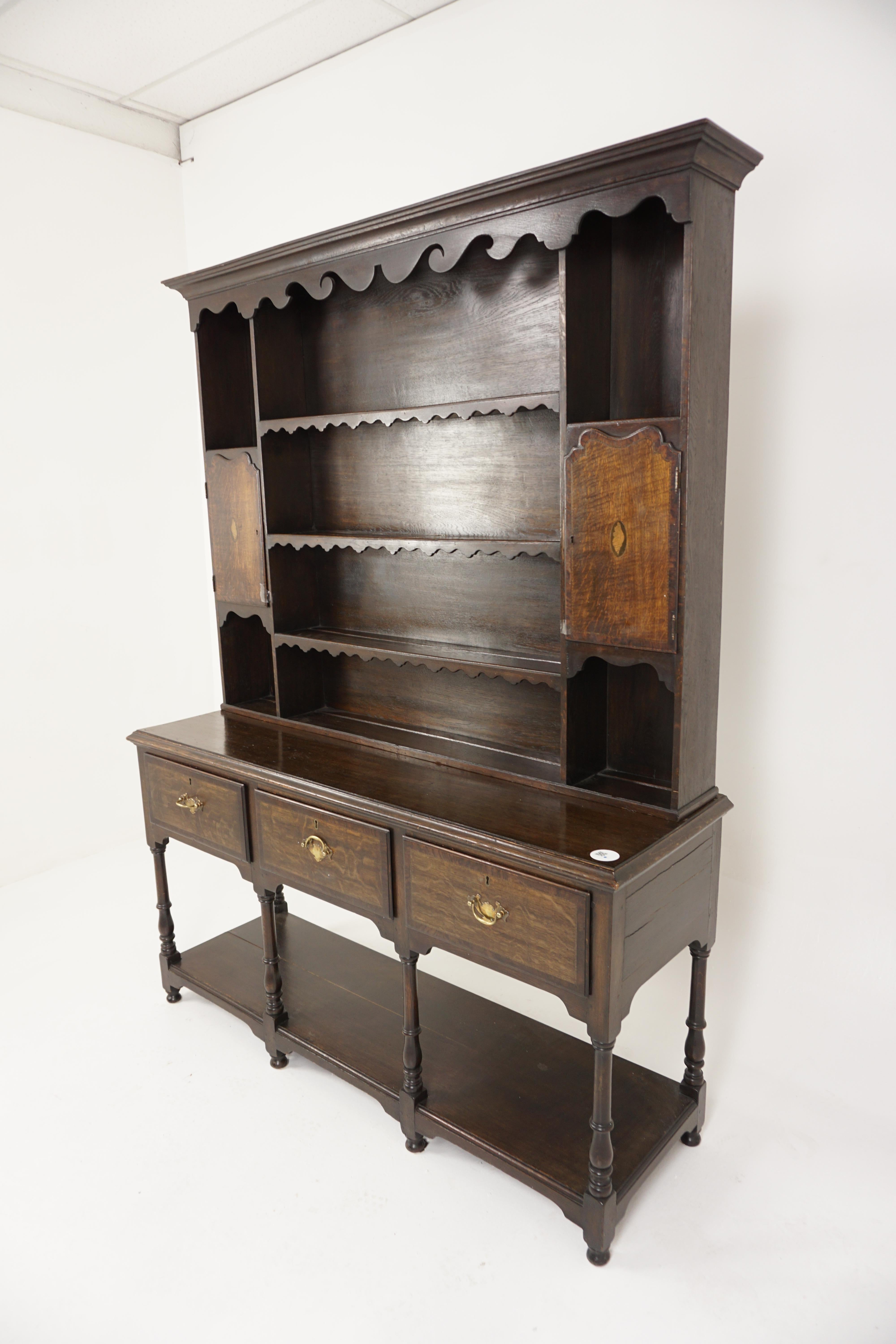 Antique Oak Inlaid Welsh Dresser, Sideboard, Buffet + Hutch, Scotland 1900, H944

Scotland 1900
Solid Oak
Original Finish
With moulded cornice on top
Wavy carved frieze below
With three shelves below with plate racks
Pair of shaped inlaid