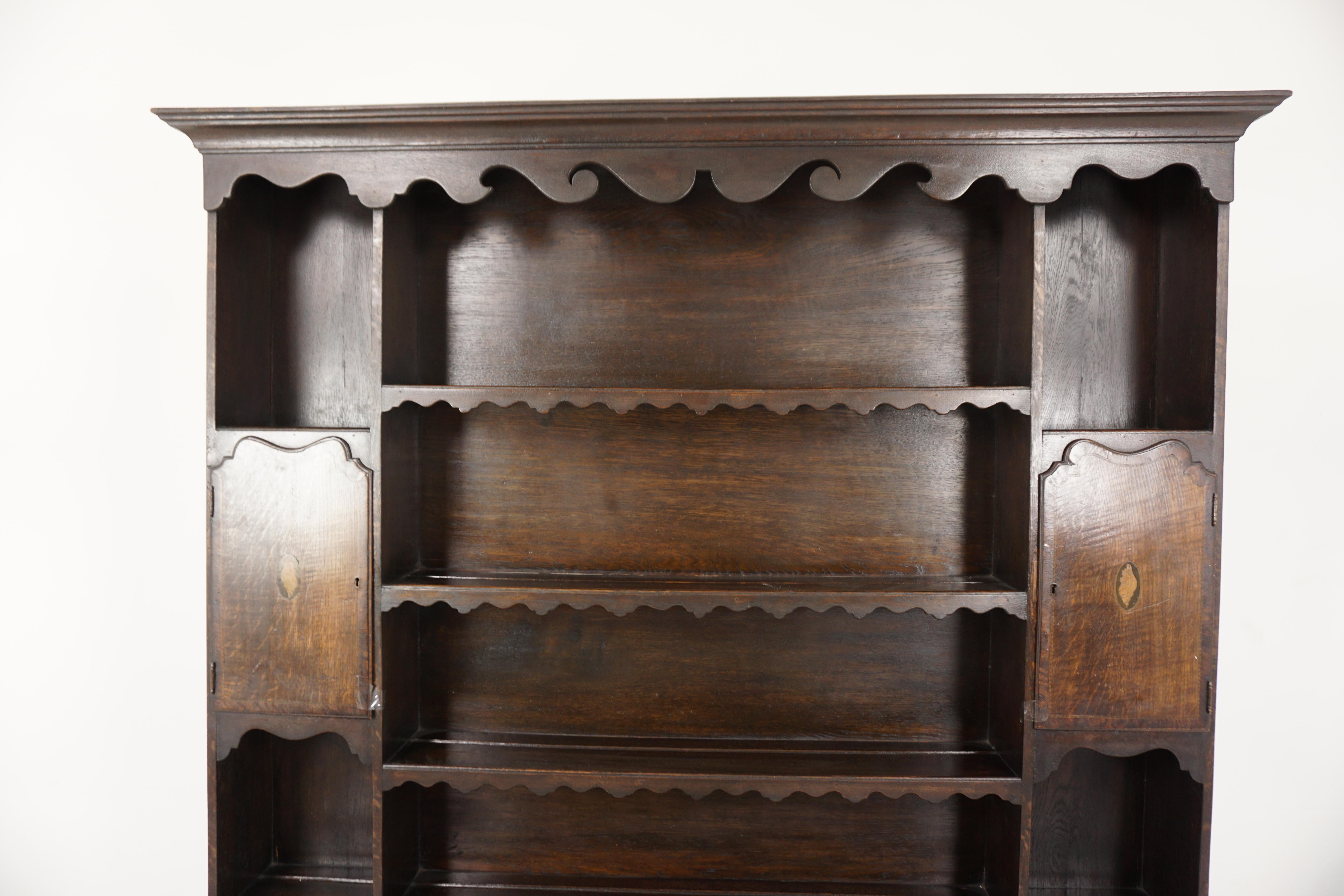 Scottish Antique Oak Inlaid Welsh Dresser, Sideboard, Buffet + Hutch, Scotland 1900, H944