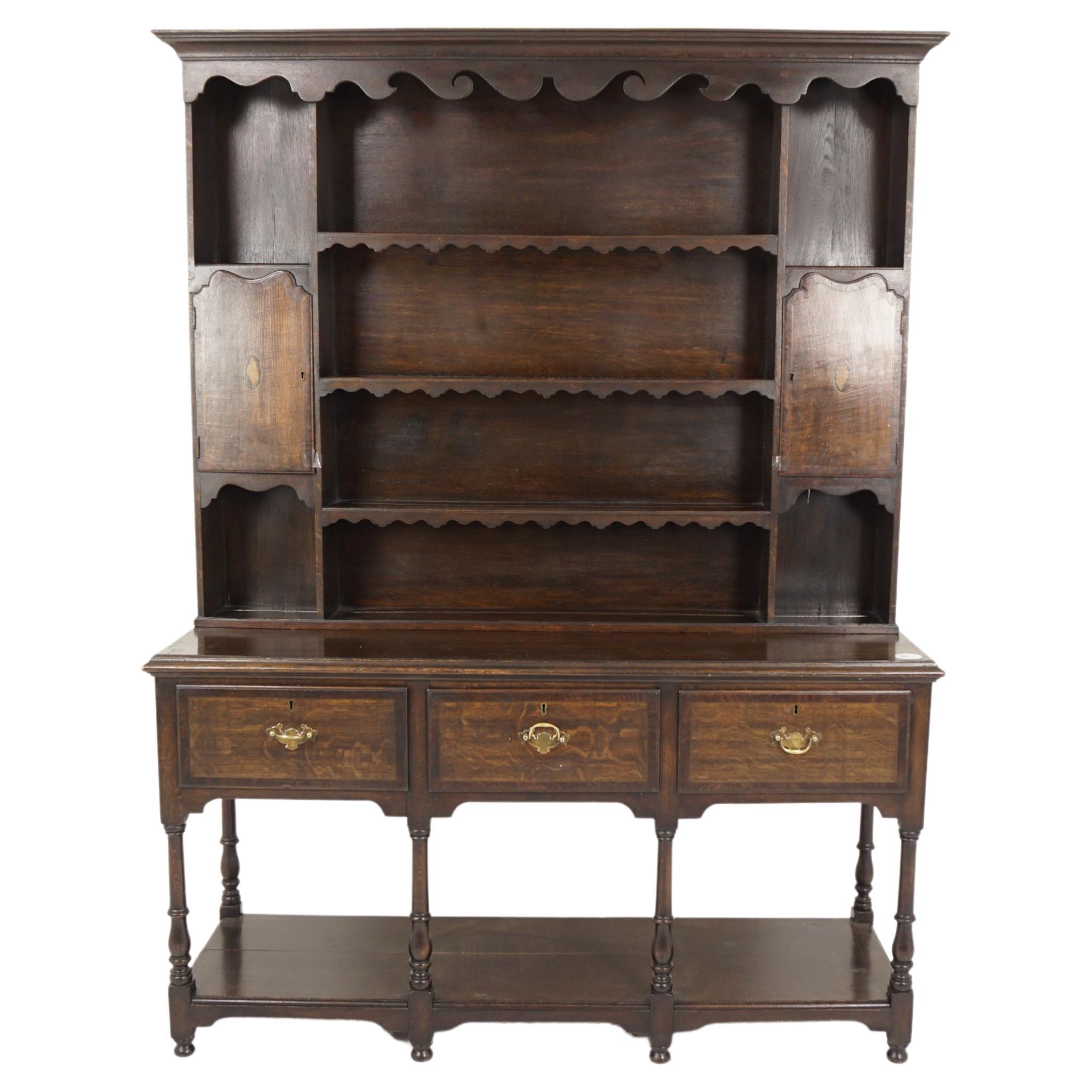 Antique Oak Inlaid Welsh Dresser, Sideboard, Buffet + Hutch, Scotland 1900, H944