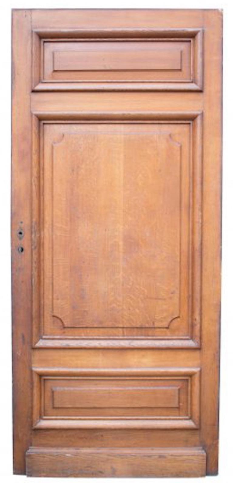 A large internal oak door with raised and fielded panels.