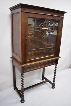 Antique Oak Jacobean English China Cabinet Cupboard on Spiral Barley Twist Legs