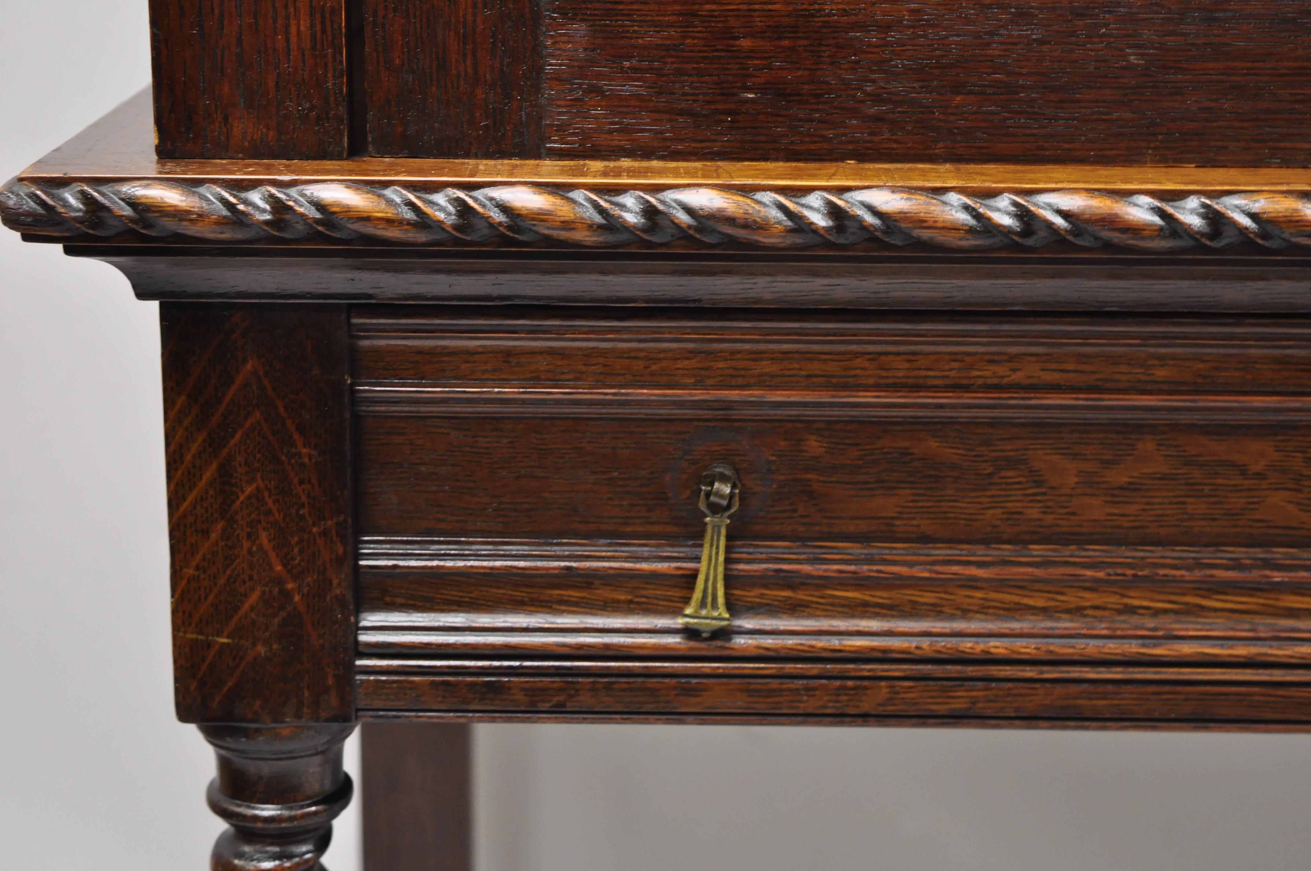 North American Antique Oak Jacobean English China Cabinet Cupboard on Spiral Barley Twist Legs