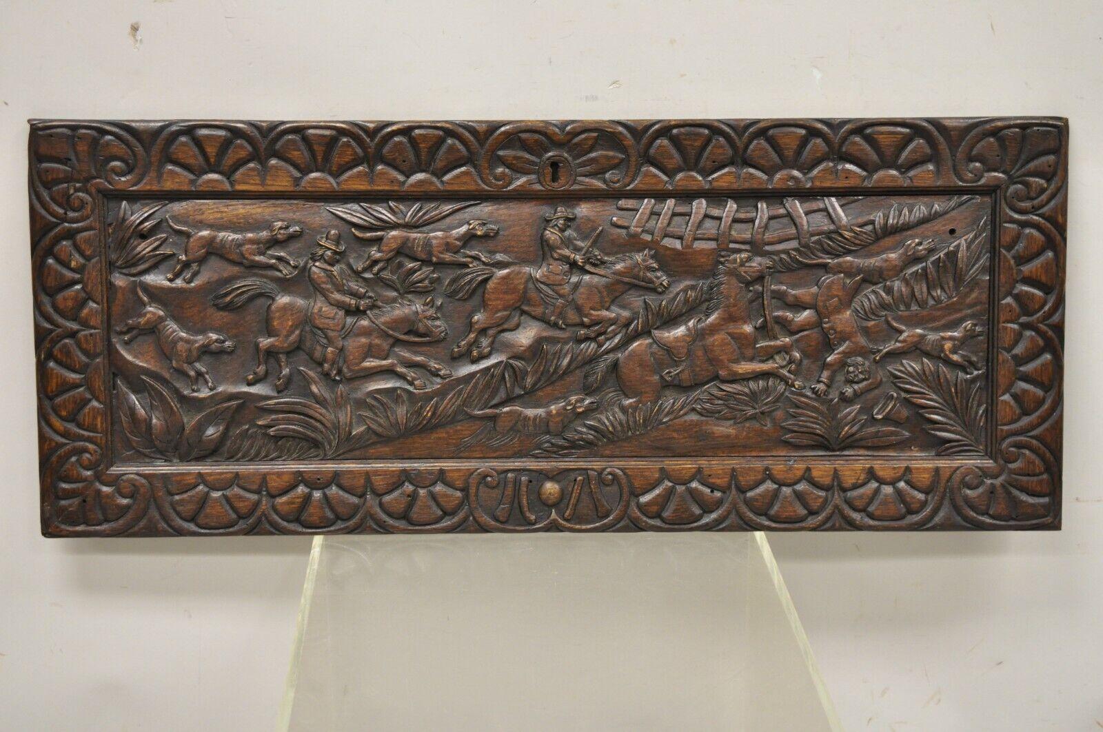 Antique Oak Wood Jacobean Relief Carved Architectural Salvage Wall Panel Plaque. Item featured believed to be salvaged door front from an antique oak secretary desk, relief carved figural hunt scene with horses and riders, and hunting dogs, very