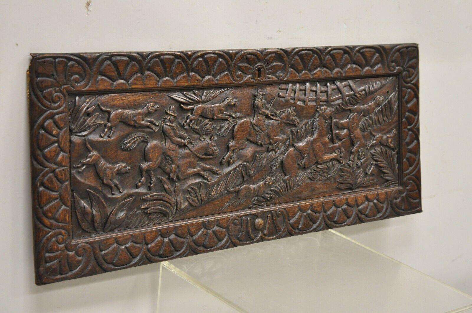 Antique Oak Jacobean Relief Carved Hunt Scene Architectural Wall Panel Plaque In Good Condition For Sale In Philadelphia, PA