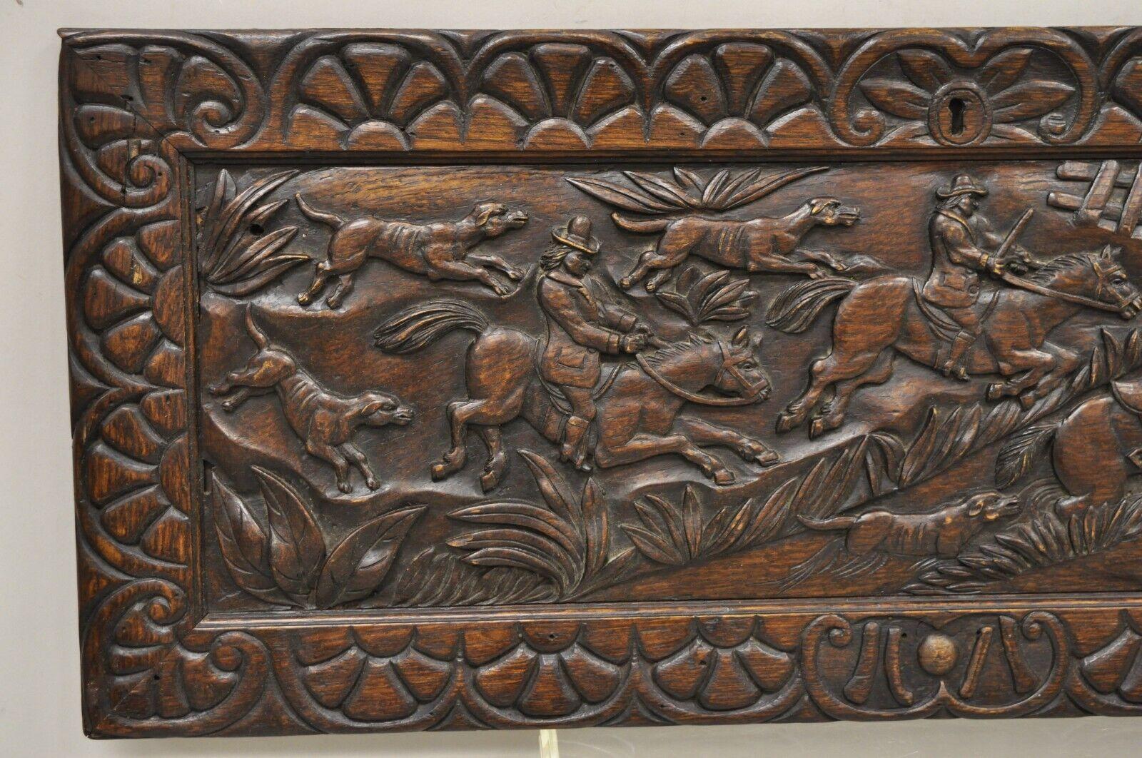 19th Century Antique Oak Jacobean Relief Carved Hunt Scene Architectural Wall Panel Plaque For Sale