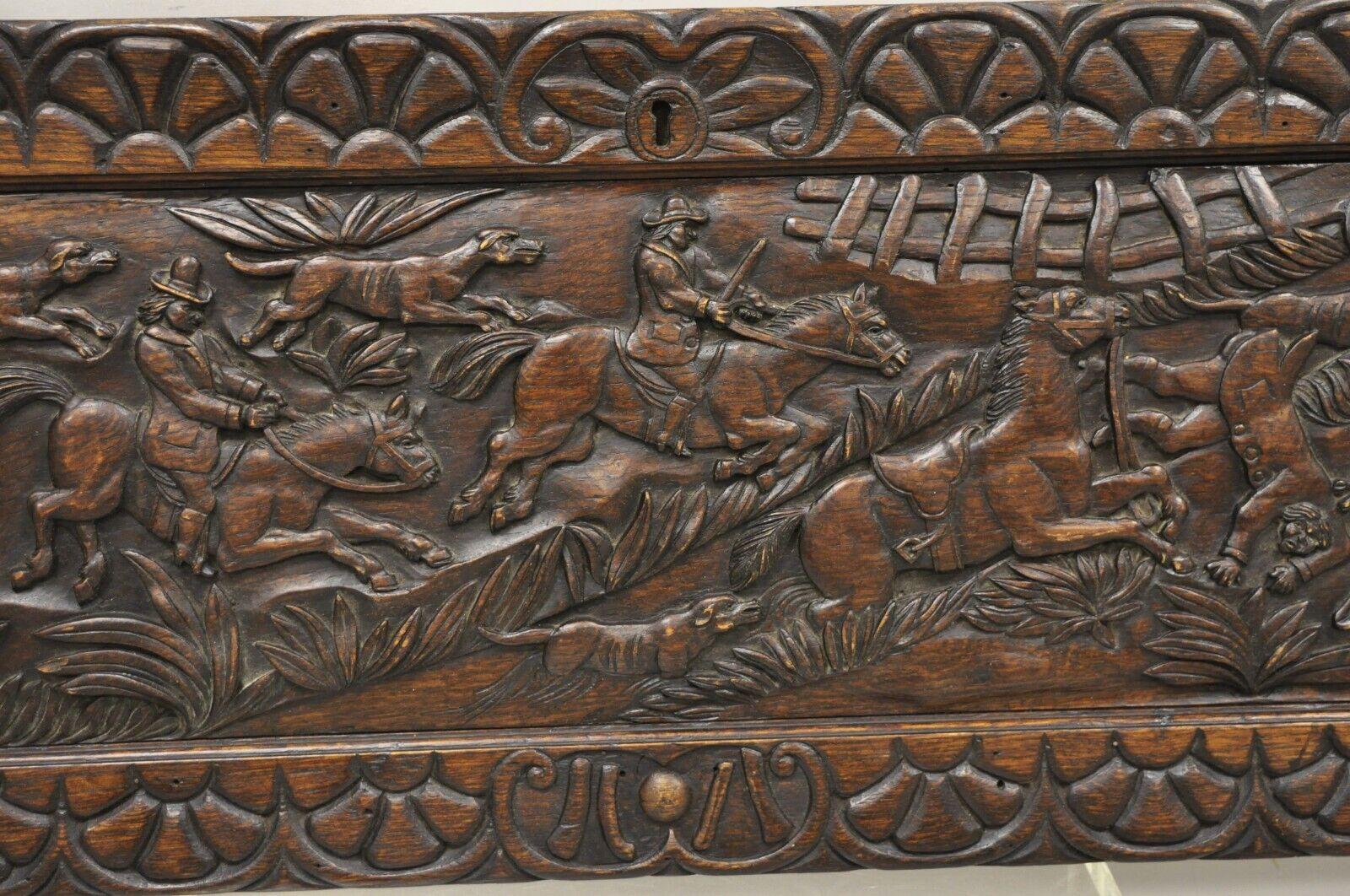 Antique Oak Jacobean Relief Carved Hunt Scene Architectural Wall Panel Plaque For Sale 1