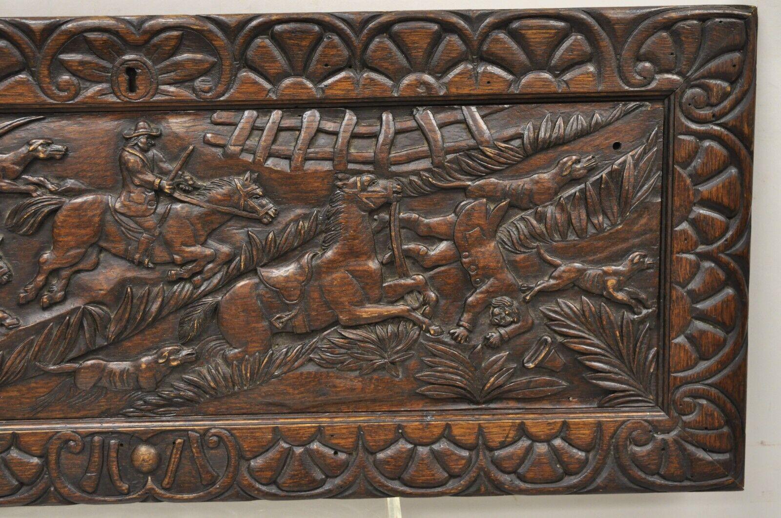 Antique Oak Jacobean Relief Carved Hunt Scene Architectural Wall Panel Plaque For Sale 2
