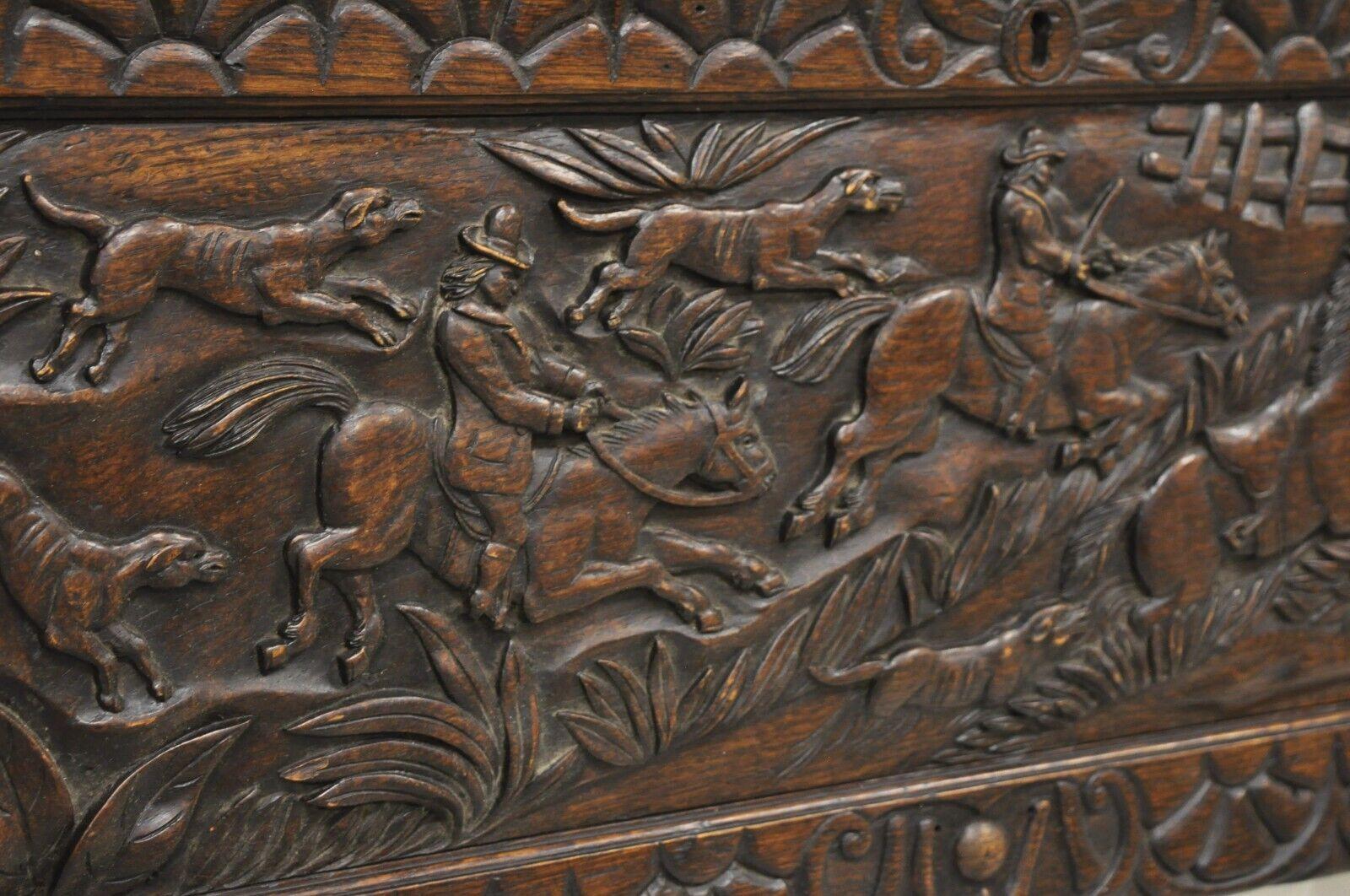 Antique Oak Jacobean Relief Carved Hunt Scene Architectural Wall Panel Plaque For Sale 3