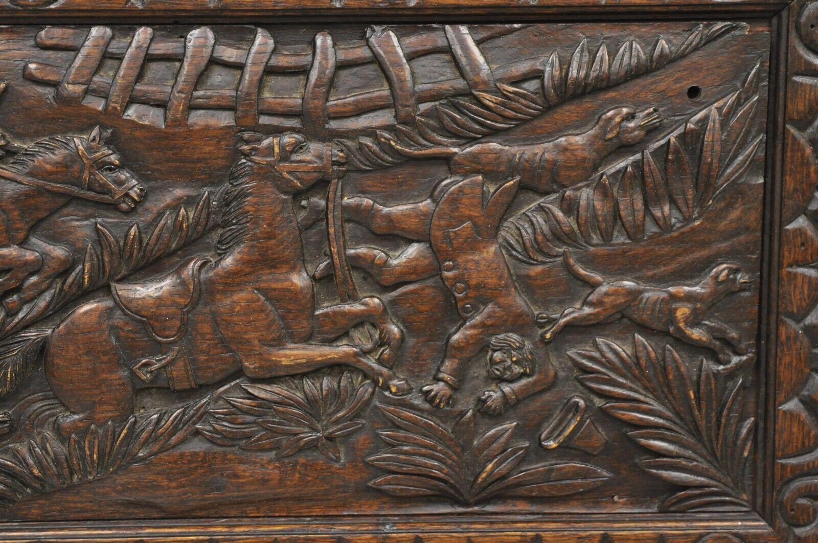 Antique Oak Jacobean Relief Carved Hunt Scene Architectural Wall Panel Plaque For Sale 4