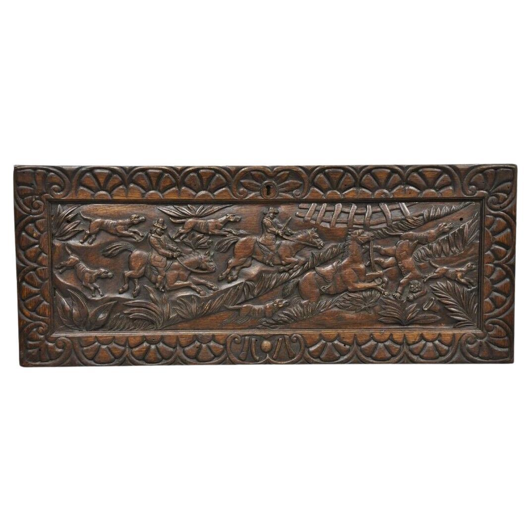 Antique Oak Jacobean Relief Carved Hunt Scene Architectural Wall Panel Plaque For Sale