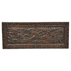 Vintage Oak Jacobean Relief Carved Hunt Scene Architectural Wall Panel Plaque