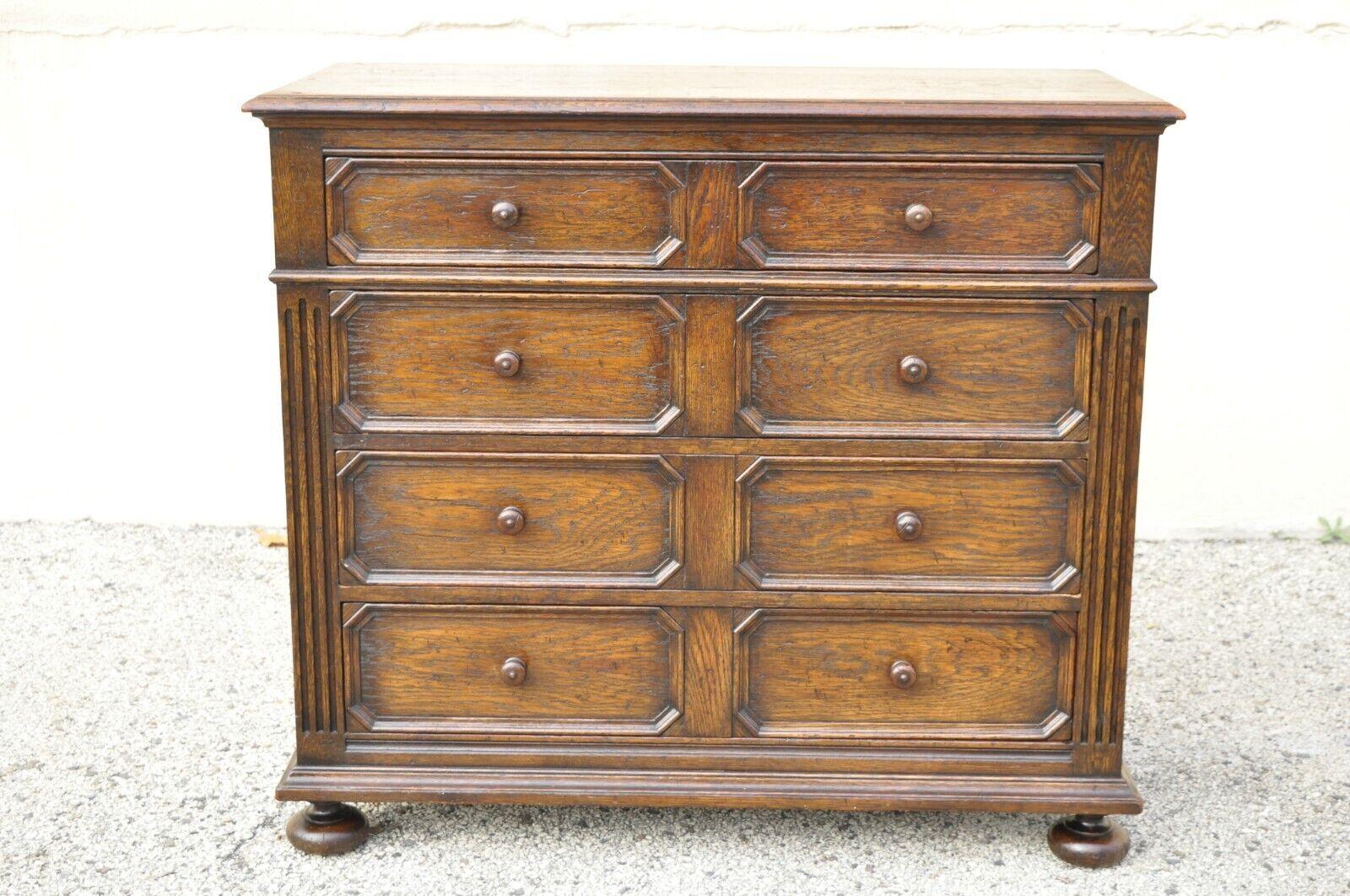 Antique Oak Jacobean Style Carved Wood Chest of Drawers Low Chest Dresser For Sale 8